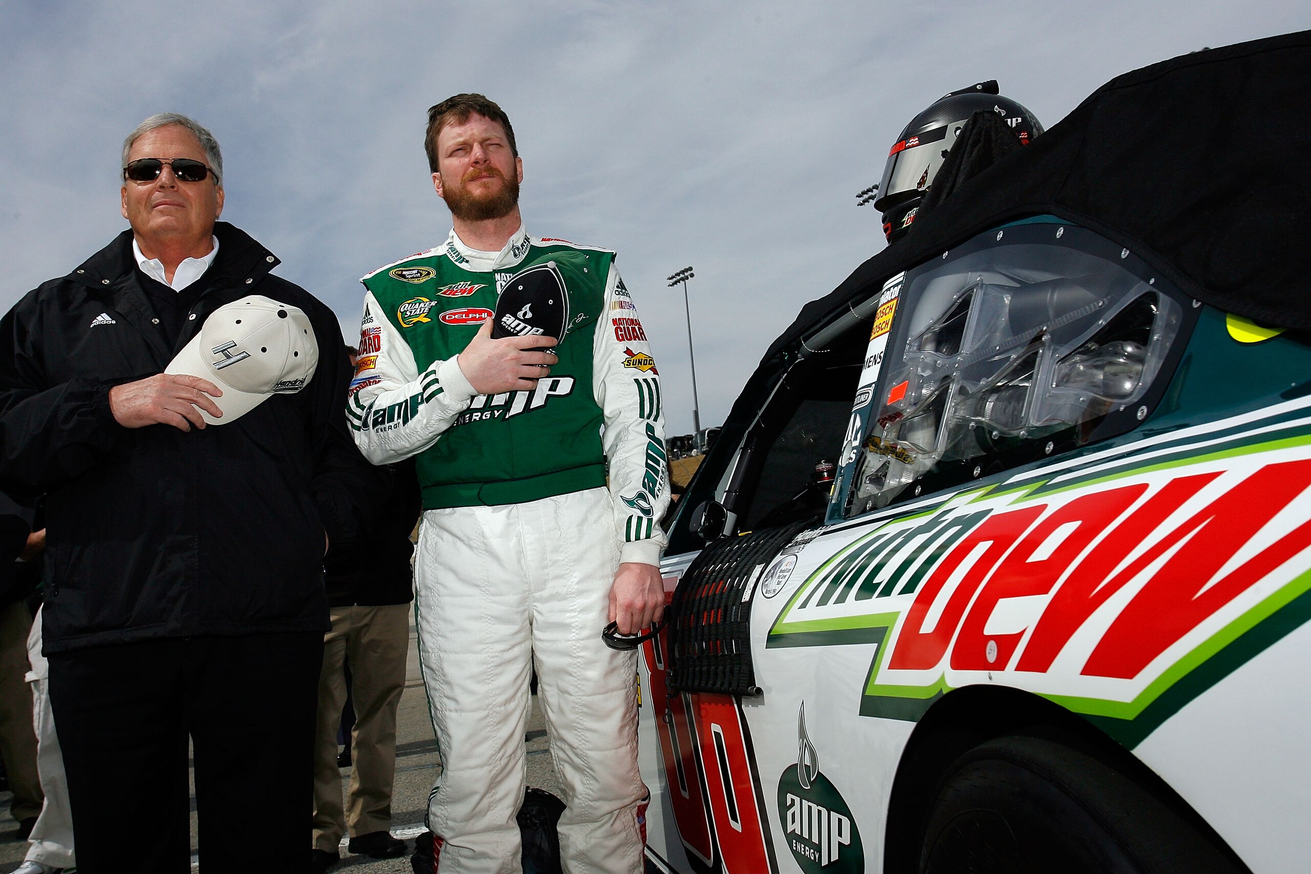 ATLANTA - MARCH 07: Team owner Rick Hendrick (L) stands with Dale Earnhardt Jr. (R), beside the #88 AMP Energy/National Guard Chevrolet prior to the start of the NASCAR Sprint Cup Series Kobalt Tools 500 at Atlanta Motor Speedway on March 7, 2010 in Hamp ATLANTA - MARCH 07: Team owner Rick Hendrick (L) stands with Dale Earnhardt Jr. (R), beside the #88 AMP Energy/National Guard Chevrolet prior to the start of the NASCAR Sprint Cup Series Kobalt Tools 500 at Atlanta Motor Speedway on March 7, 2010 in Hamp
