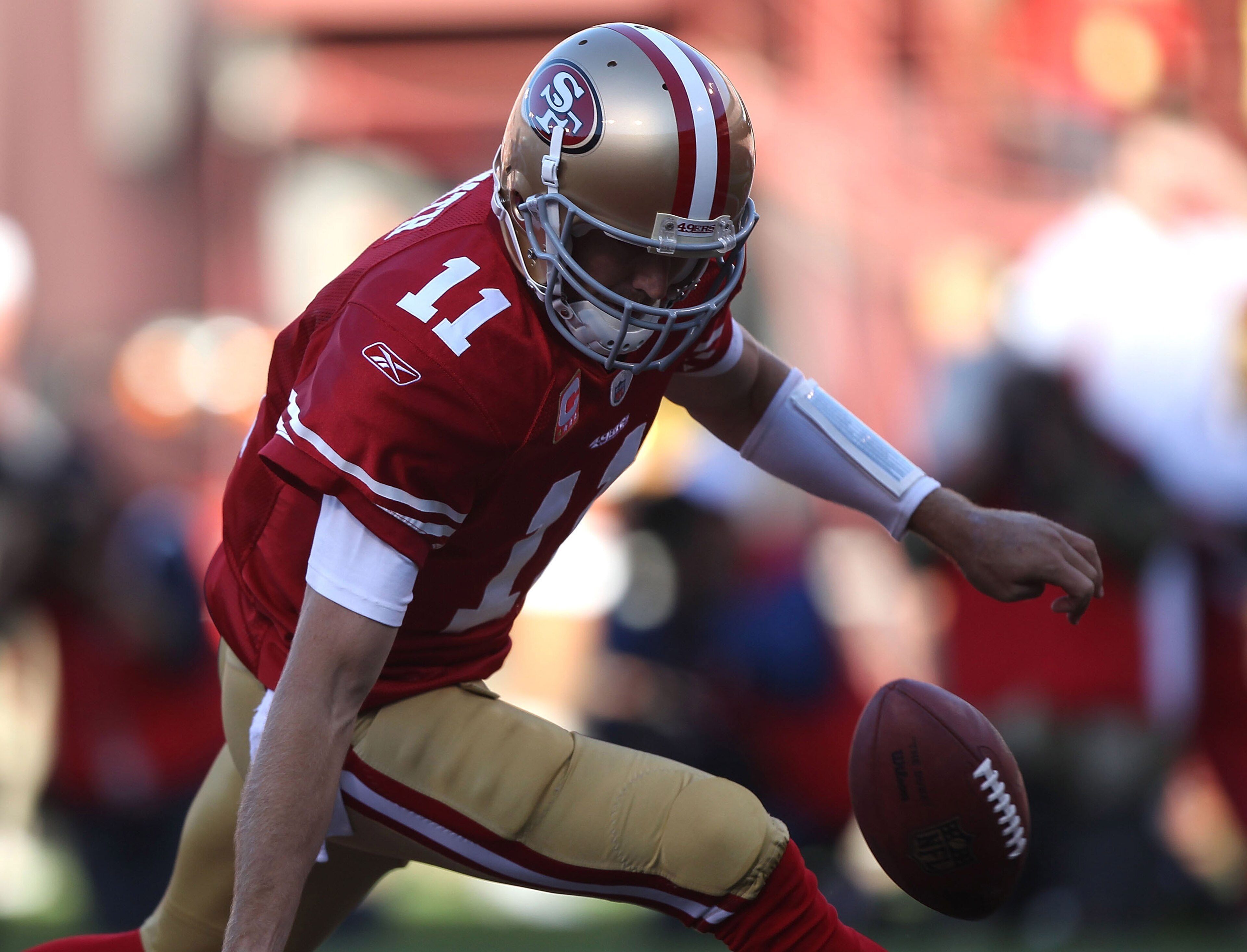 SAN FRANCISCO - SEPTEMBER 20:  Alex Smith #11 of the San Francisco 49ers looses the ball in the endzone for a saftey against the New Orleans Saints during an NFL game at Candlestick Park on September 20, 2010 in San Francisco, California.  (Photo by Jed J