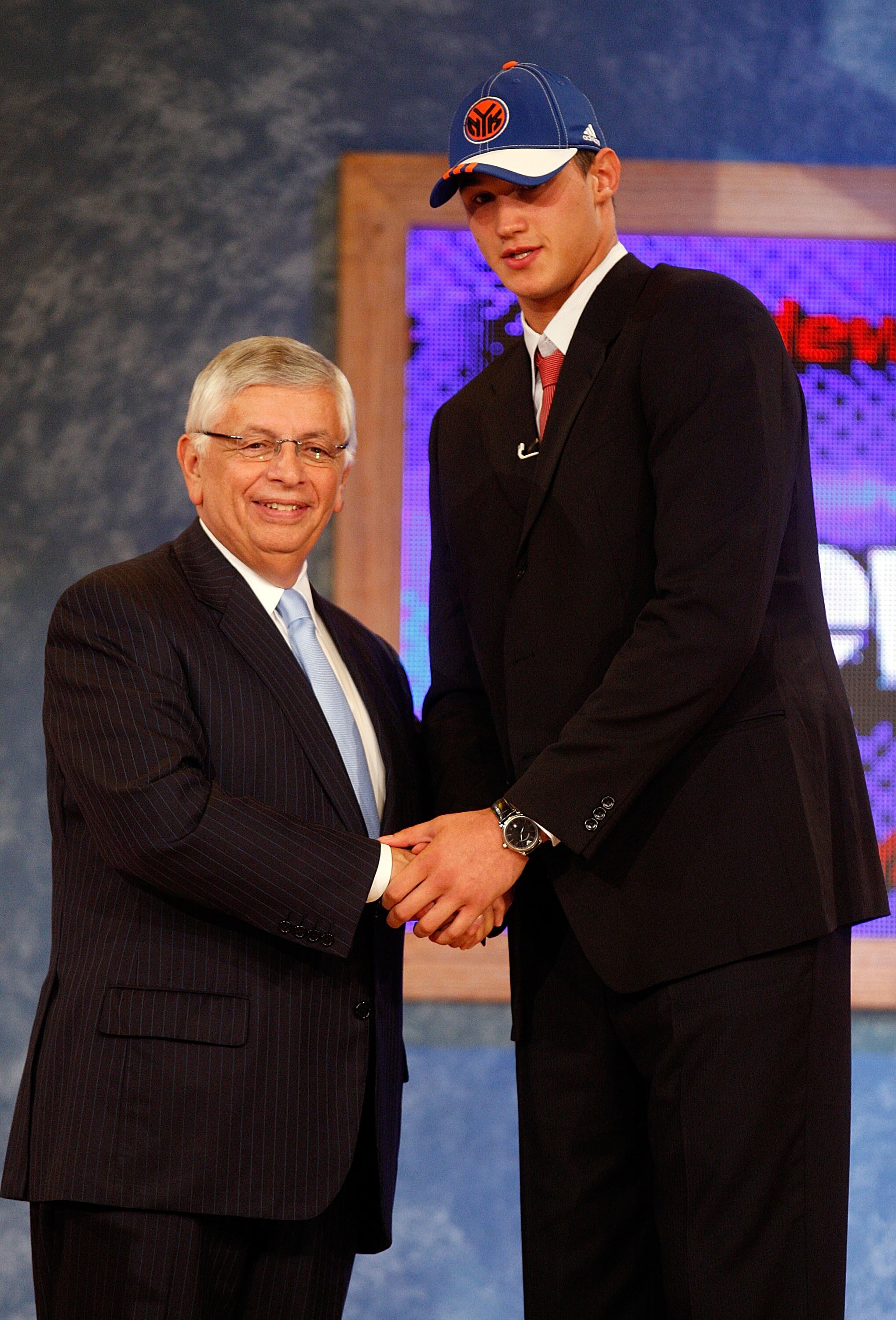 NEW YORK - JUNE 26:  NBA Commissioner David Stern shakes hands with number six draft pick for the New York Knicks, Danilo Gallinari during the 2008 NBA Draft at the Wamu Theatre at Madison Square Garden June 26, 2008 in New York City. NOTE TO USER: User e