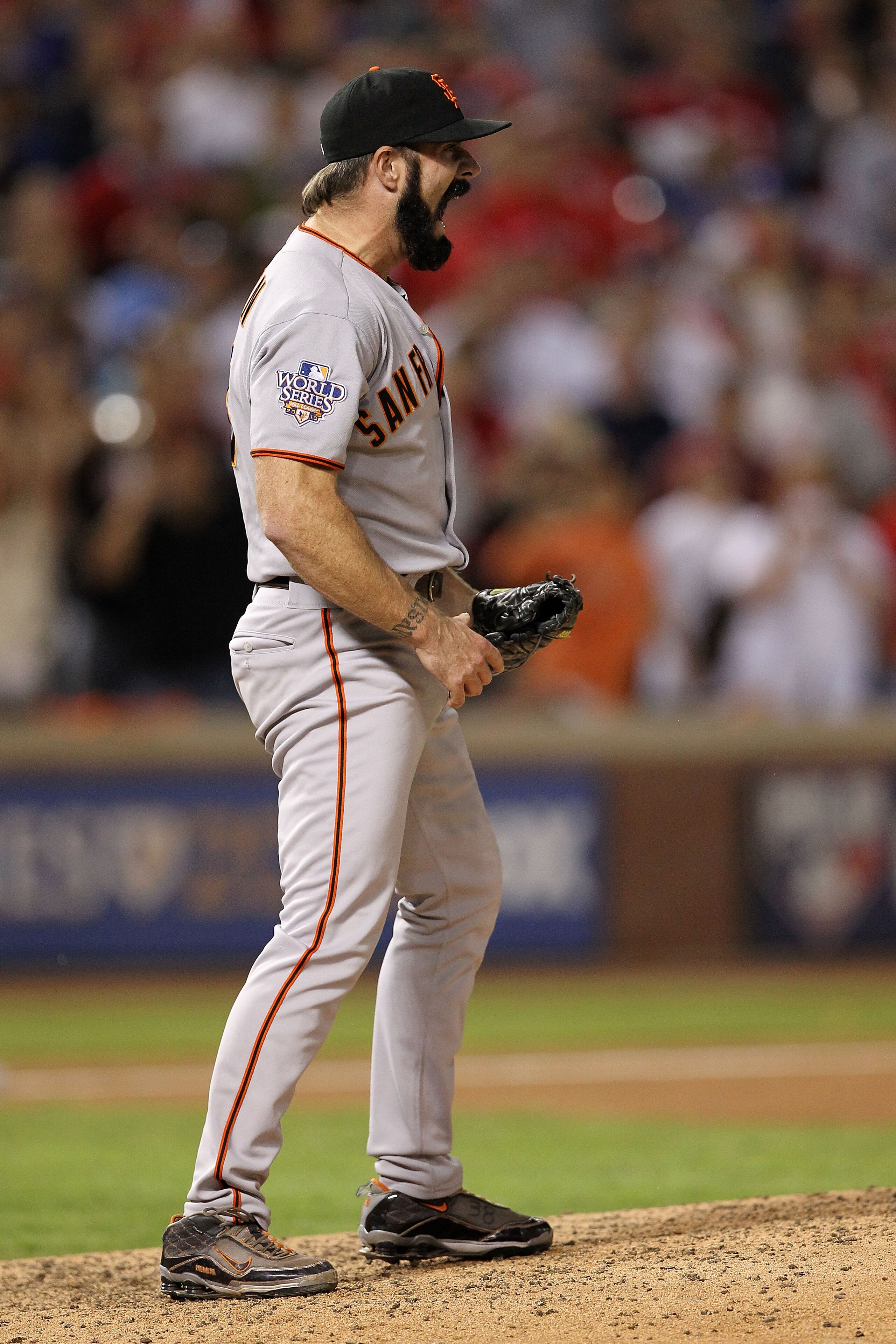 ARLINGTON, TX - NOVEMBER 01:  Brian Wilson #38 of the San Francisco Giants celebrates after the Giants won 3-1 against the Texas Rangers in Game Five of the 2010 MLB World Series at Rangers Ballpark in Arlington on November 1, 2010 in Arlington, Texas.  (