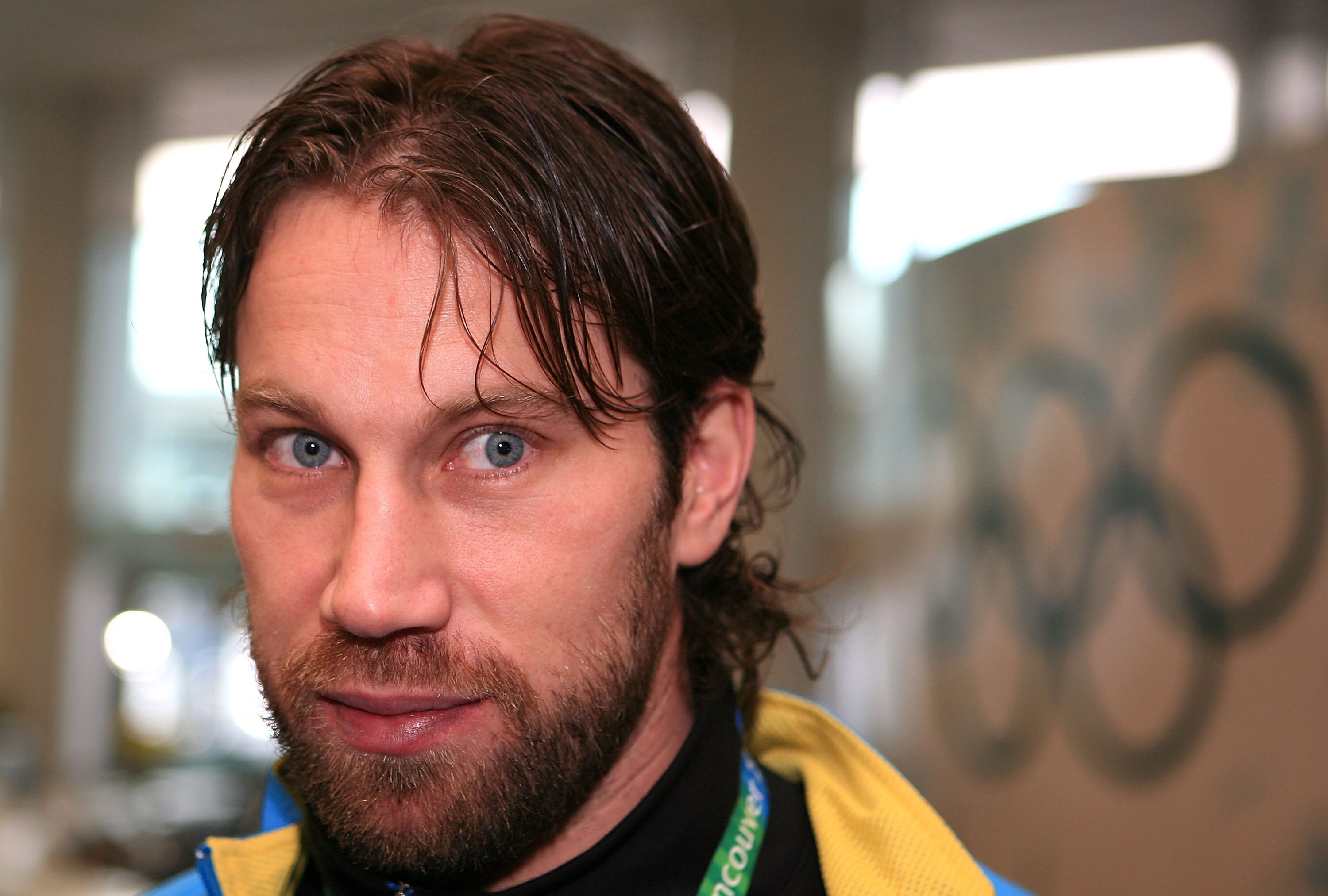 VANCOUVER, BC - FEBRUARY 12:  Hockey player Peter Forsberg of Sweden answers questions as he is stopped by reporters at the Main Press Centre during the Vancouver 2010 Winter Olympics on February 12, 2010 in Vancouver, Canada.  (Photo by Bruce Bennett/Get