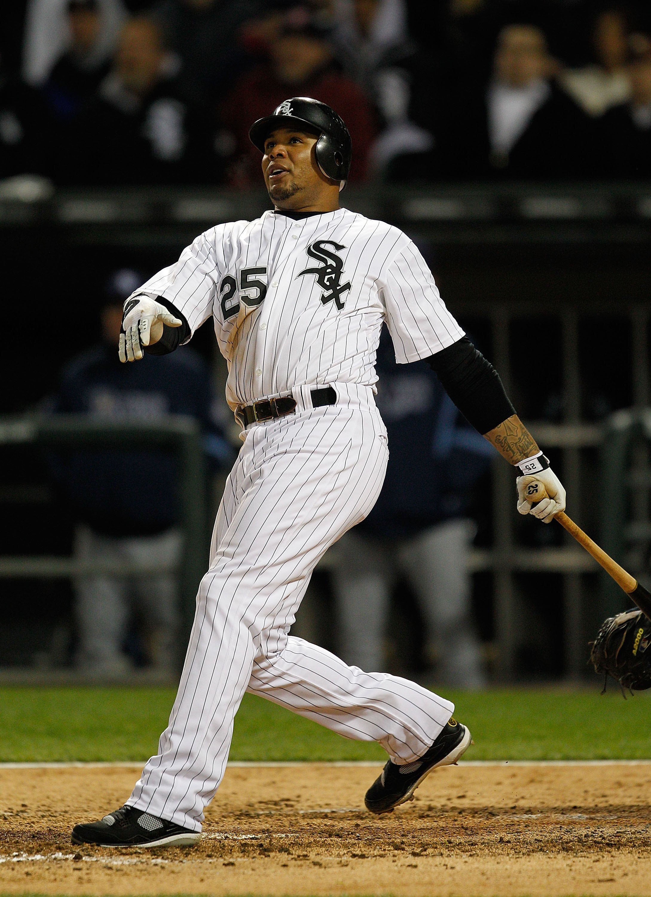 CHICAGO - APRIL 21: Andruw Jones #25 of the Chicago White Sox hits the ball against the Tampa Bay Rays at U.S. Cellular Field on April 21, 2010 in Chicago, Illinois. The Rays defeated the White Sox 12-0. (Photo by Jonathan Daniel/Getty Images)