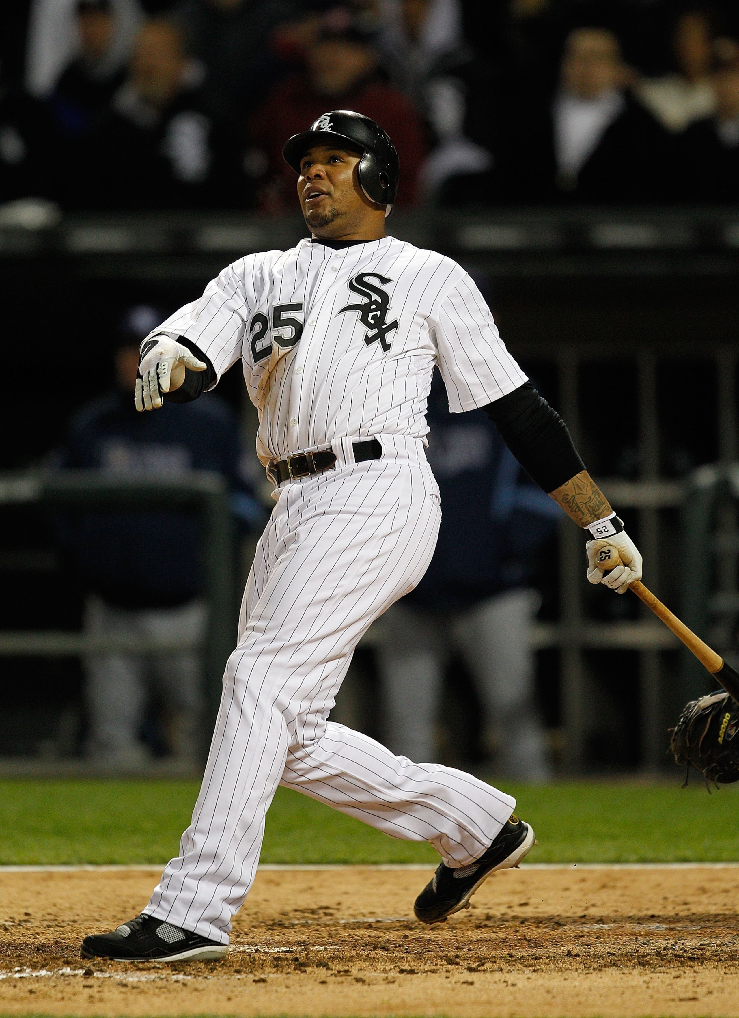 CHICAGO - APRIL 21: Andruw Jones #25 of the Chicago White Sox hits the ball against the Tampa Bay Rays at U.S. Cellular Field on April 21, 2010 in Chicago, Illinois. The Rays defeated the White Sox 12-0. (Photo by Jonathan Daniel/Getty Images)