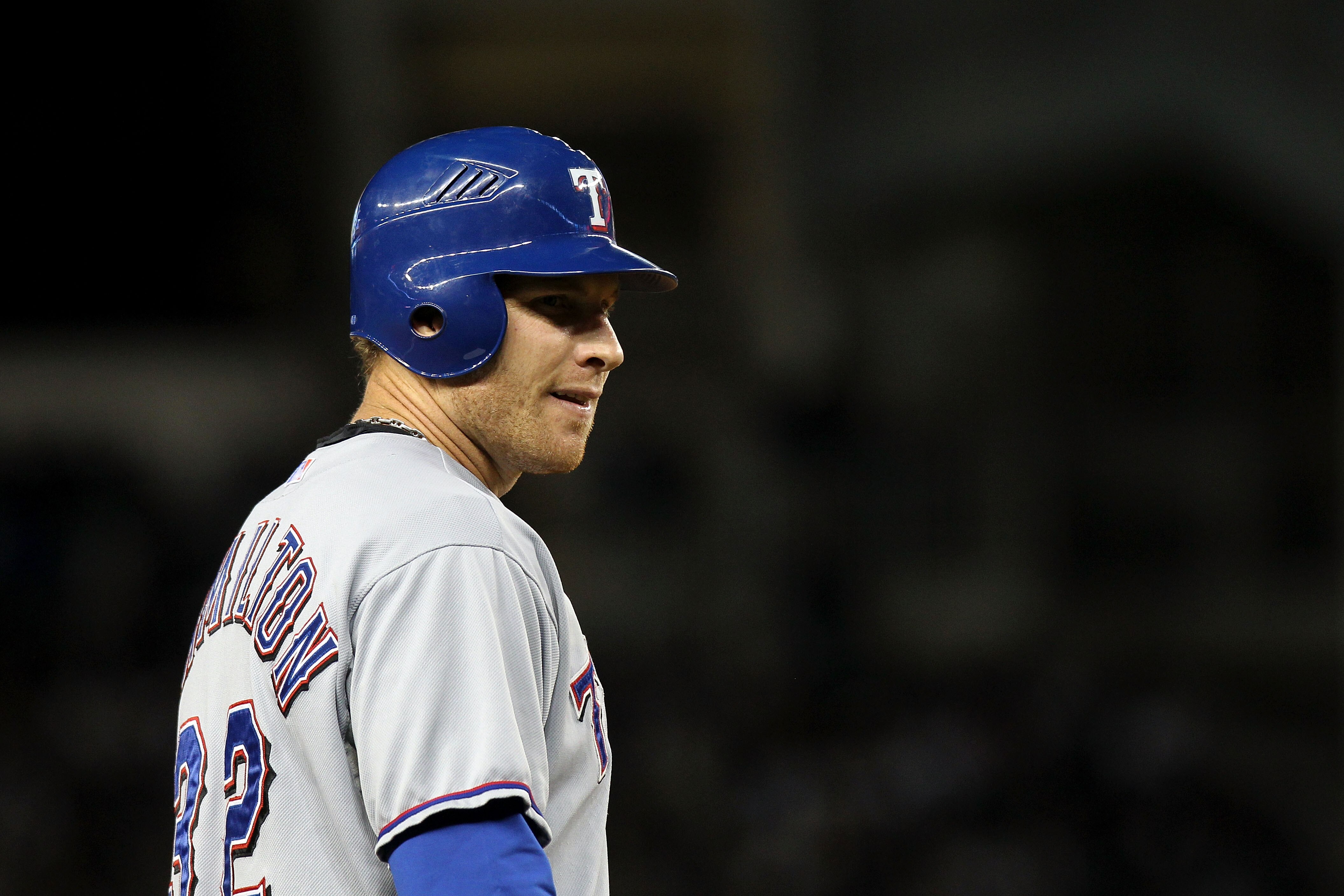 NEW YORK - OCTOBER 18:  Josh Hamilton #32 of the Texas Rangers looks on against the New York Yankees in Game Three of the ALCS during the 2010 MLB Playoffs at Yankee Stadium on October 18, 2010 in New York, New York.  (Photo by Nick Laham/Getty Images)