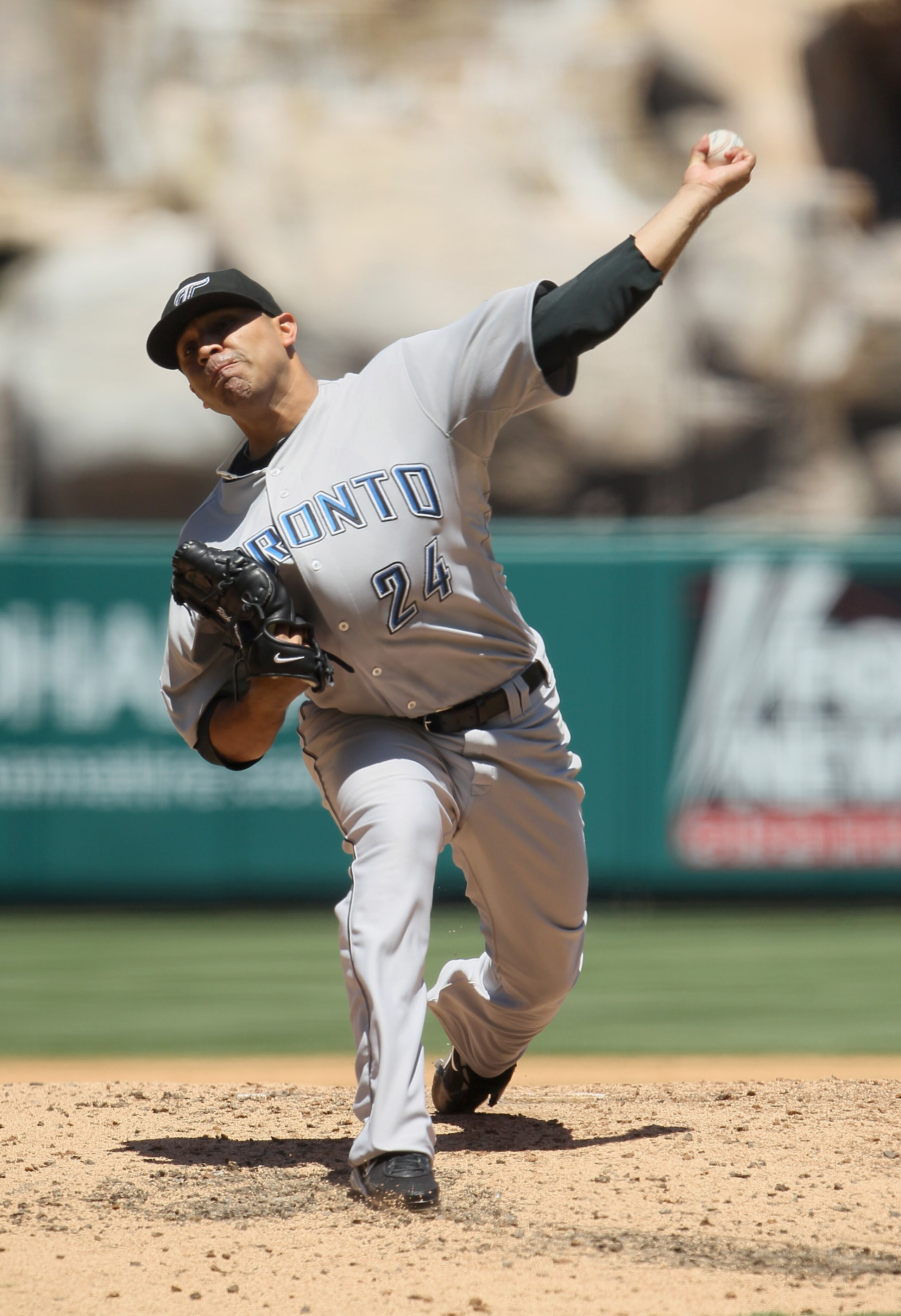 ANAHEIM, CA - AUGUST 15:  Ricky Romero #24 of the Toronto Blue Jays pitches against the Los Angeles Angels of Anaheim at Angel Stadium on August 15, 2010 in Anaheim, California. The Blue Jays defeated the Angels 4-1.  (Photo by Jeff Gross/Getty Images)