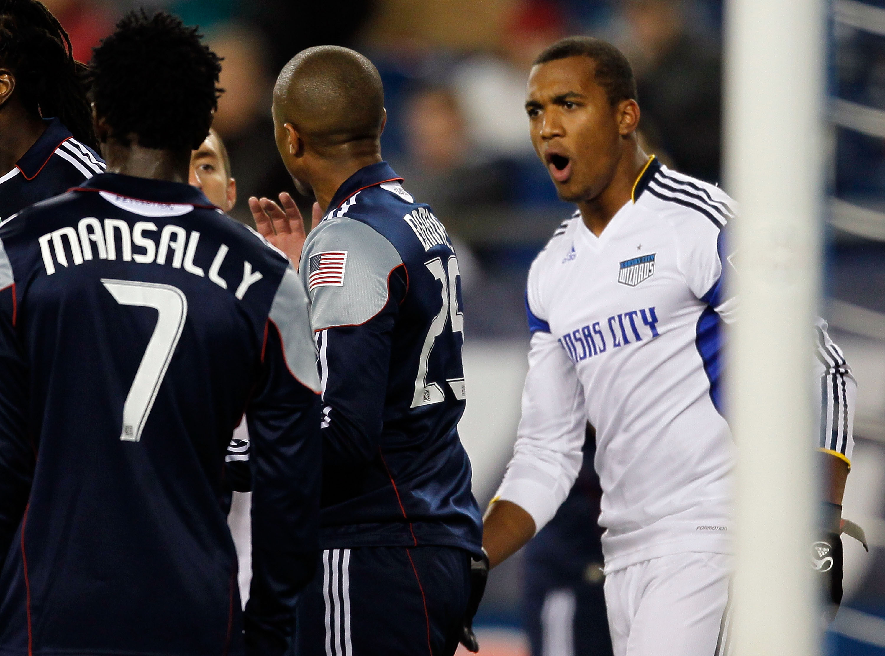 FOXBORO, MA - OCTOBER 16:  Teal Bunbury #9 of the Kansas City Wizards has words in a scuffle with members of the New England Revolution in front of the net at Gillette Stadium on October 16, 2010 in Foxboro, Massachusetts. The Revolution won 1-0. (Photo b