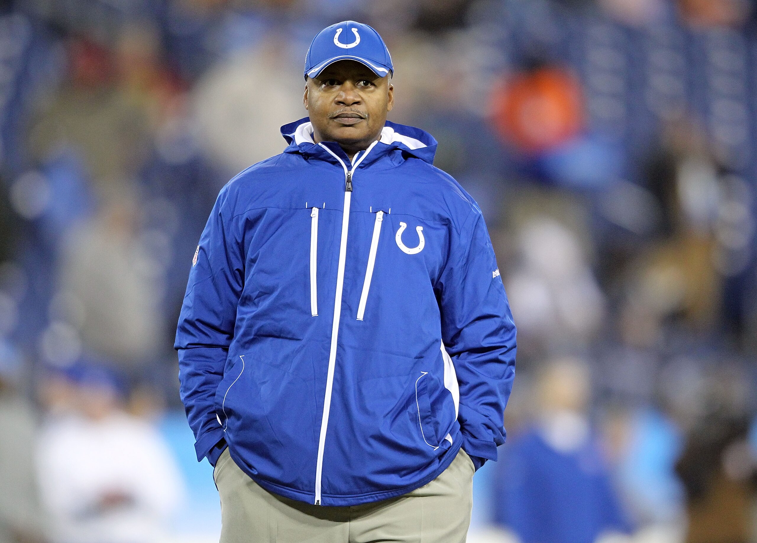 NASHVILLE, TN - DECEMBER 09:  Jim Caldwell the Head Coach of the Indianapolis Colts watches his team stretch before the NFL game against the Tennessee Titans  at LP Field on December 9, 2010 in Nashville, Tennessee.  (Photo by Andy Lyons/Getty Images)
