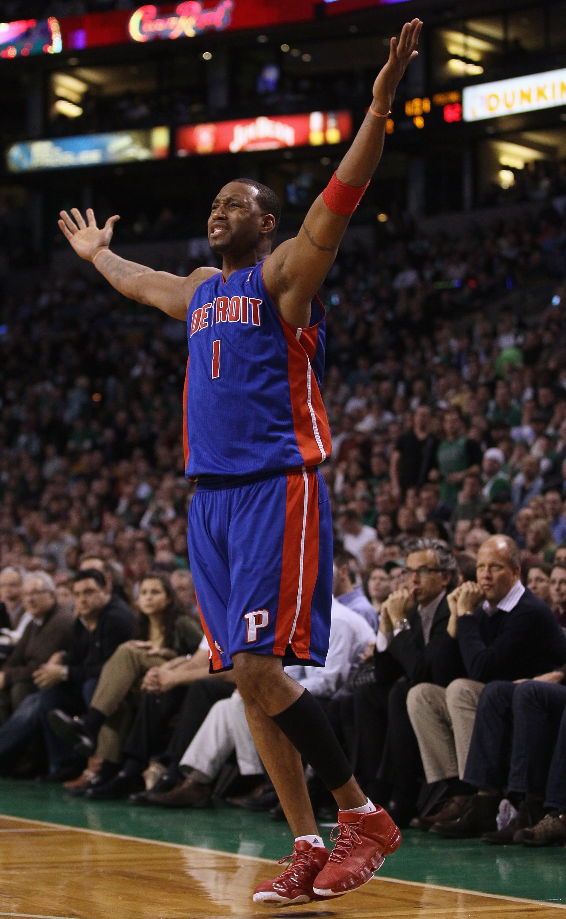 BOSTON, MA - JANUARY 19:  Tracy McGrady #1 of the Detroit Pistons reacts after he misses a shot and no foul was called against the Boston Celtics during the final minutes of the game on January 19, 2011 at the TD Garden in Boston, Massachusetts. The Celti