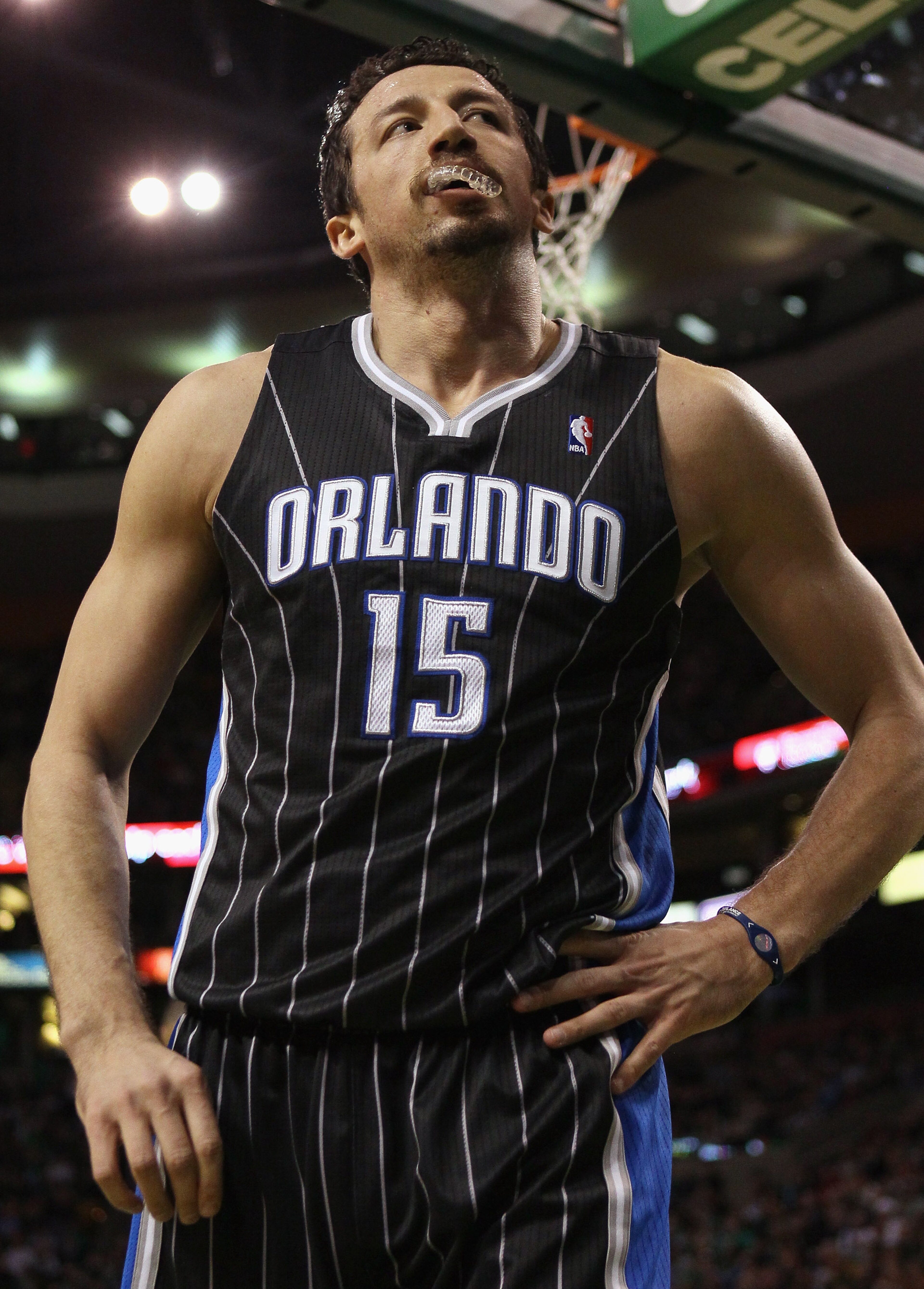 BOSTON, MA - JANUARY 17: Hedo Turkoglu #15 of the Orlando Magic reacts after he is called for fouling Paul Pierce of the Boston Celtics on January 17, 2011 at the TD Garden in Boston, Massachusetts. NOTE TO USER: User expressly acknowledges and agrees t BOSTON, MA - JANUARY 17: Hedo Turkoglu #15 of the Orlando Magic reacts after he is called for fouling Paul Pierce of the Boston Celtics on January 17, 2011 at the TD Garden in Boston, Massachusetts. NOTE TO USER: User expressly acknowledges and agrees t