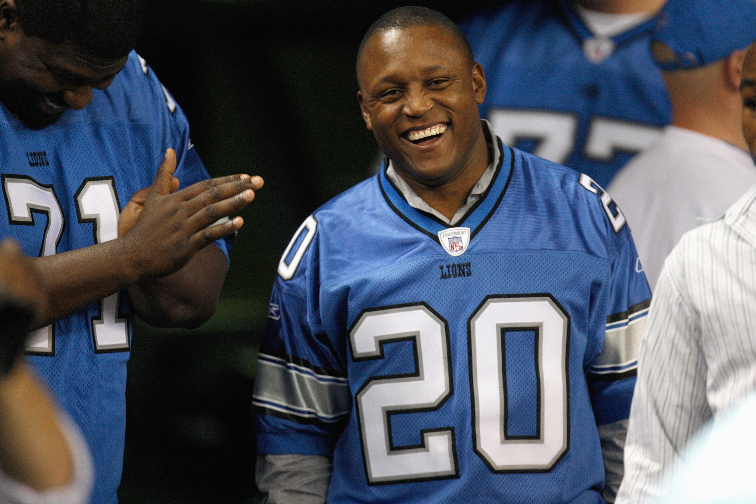 DETROIT - DECEMBER 23:  Barry Sanders smiles from the sideline during the game between the Kansas City Chiefs and the Detroit Lions on December 23, 2007 at Ford Field in Detroit, Michigan. (Photo byGregory Shamus/Getty Images)