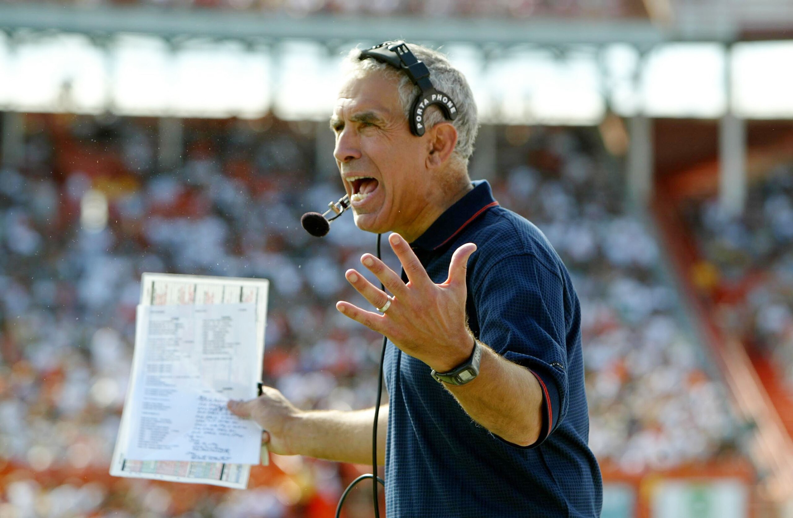 MIAMI - NOVEMBER 15:  Head coach Paul Pasqualoni of the Syracuse Orangemen voices his opinion about a face masking call against his team as the Miami Hurricanes defeated the Orangemen 17-10  during NCAA football action on November 15, 2003 at the Orange B