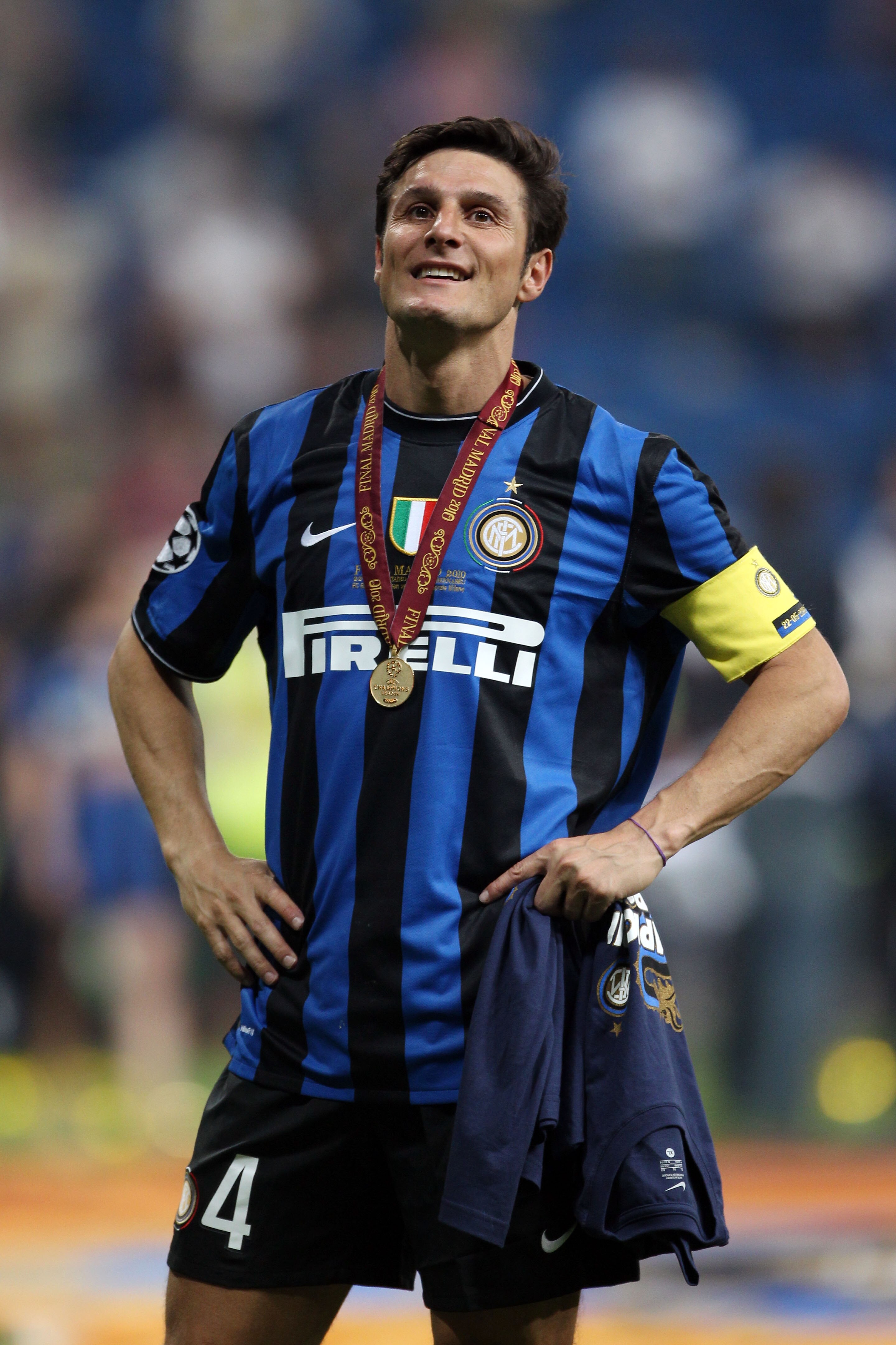 MADRID, SPAIN - MAY 22:  Javier Zanetti of Inter Milan celebrates his team's victory at the end of the UEFA Champions League Final match between FC Bayern Muenchen and Inter Milan at the Estadio Santiago Bernabeu on May 22, 2010 in Madrid, Spain.  (Photo