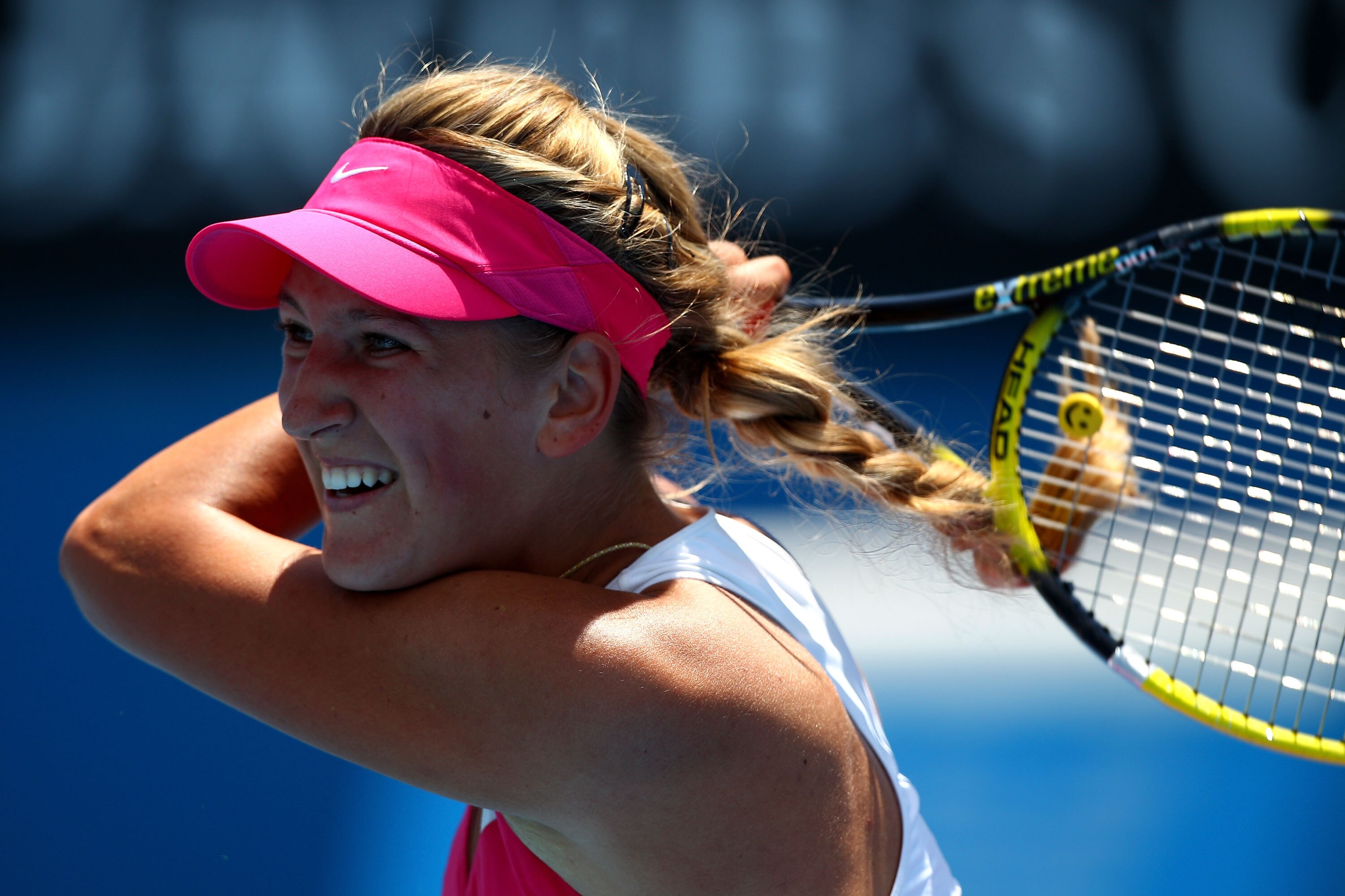 MELBOURNE, AUSTRALIA - JANUARY 21:  Victoria Azarenka of Belarus plays a forehand in her third round match against Channelle Scheepers of the Republic of South Africa during day five of the 2011 Australian Open at Melbourne Park on January 21, 2011 in Mel
