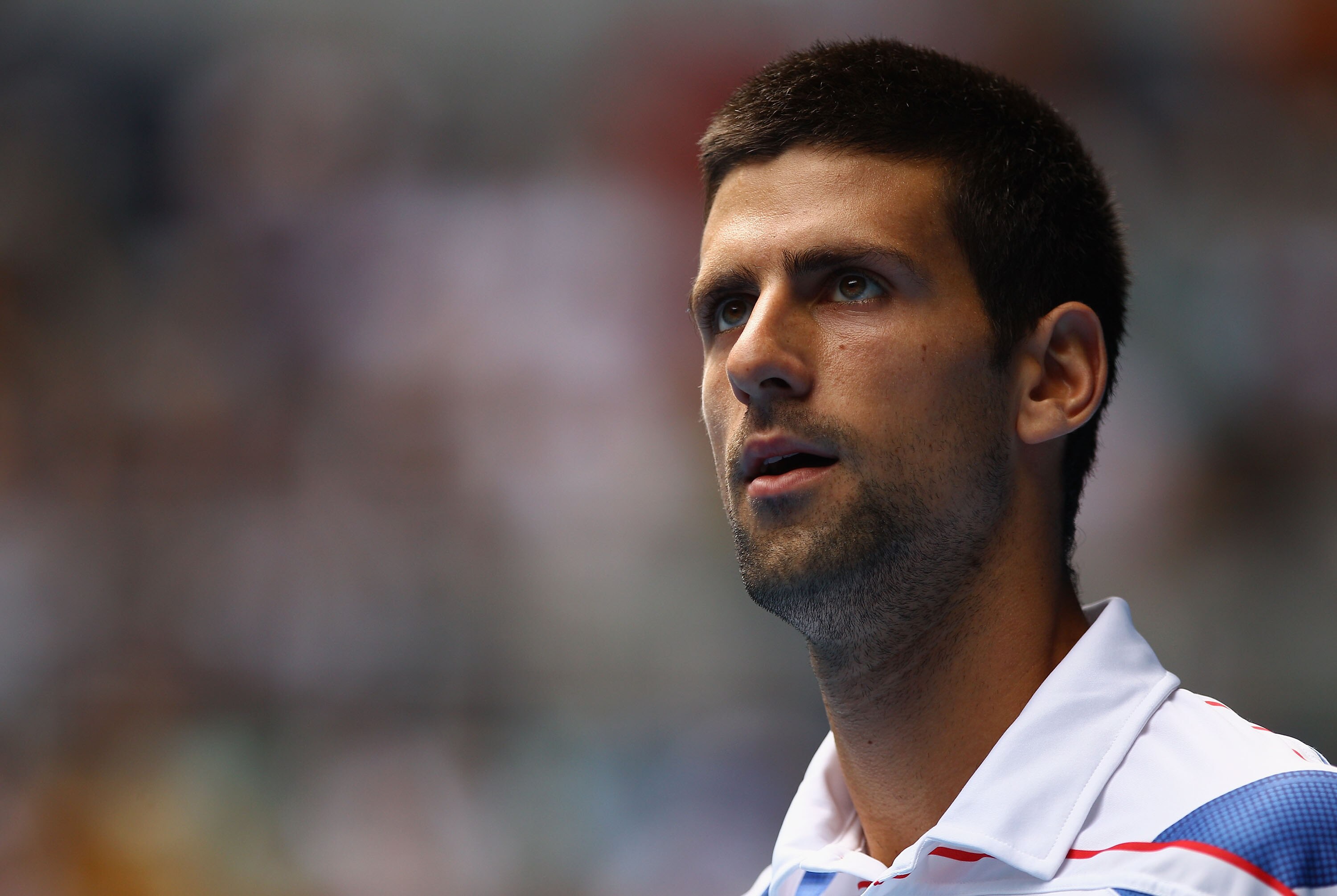 MELBOURNE, AUSTRALIA - JANUARY 21: Novak Djokovic of Serbia looks on in his third round match against Viktor Troicki of Serbia during day five of the 2011 Australian Open at Melbourne Park on January 21, 2011 in Melbourne, Australia. (Photo by Quinn Roone