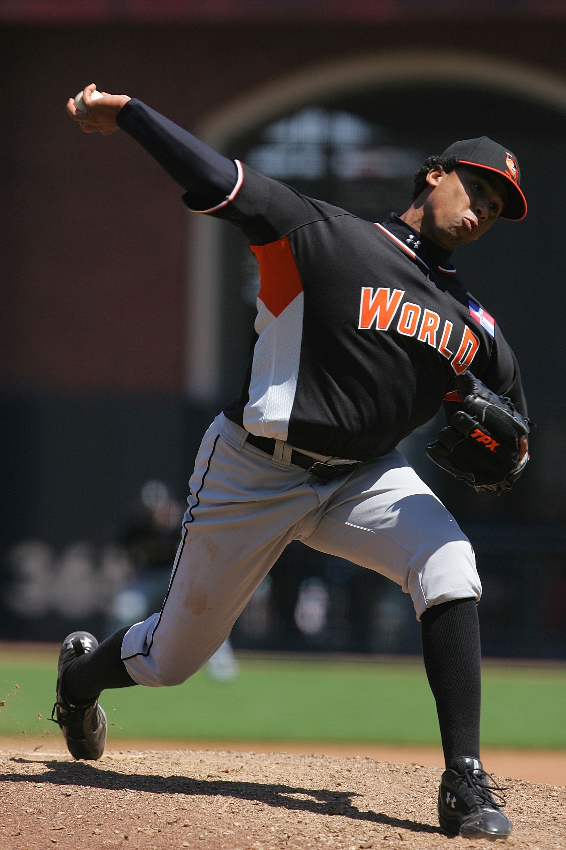SAN FRANCISCO - JULY 08:  World Team All-Star Pedro Beato of the Baltimore Orioles pitches during the XM Satellite Radio All-Star Futures Game at AT&T Park on July 8, 2007 in San Francisco, California.  (Photo by Jeff Gross/Getty Images)