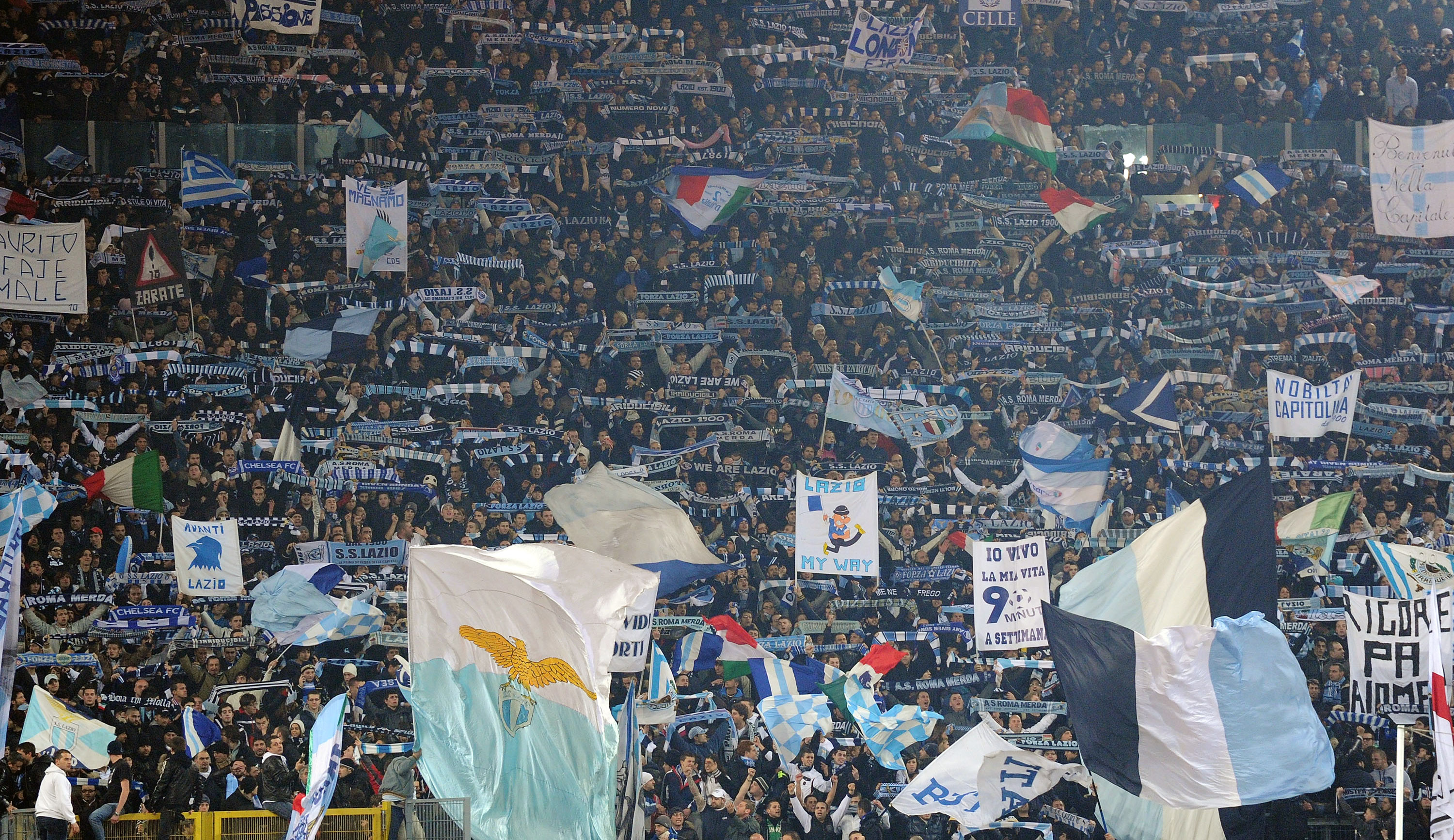 ROME, ITALY - JANUARY 19:  The fans of Lazio during the Tim Cup match between Roma and Lazio at Stadio Olimpico on January 19, 2011 in Rome, Italy.  (Photo by Giuseppe Bellini/Getty Images)