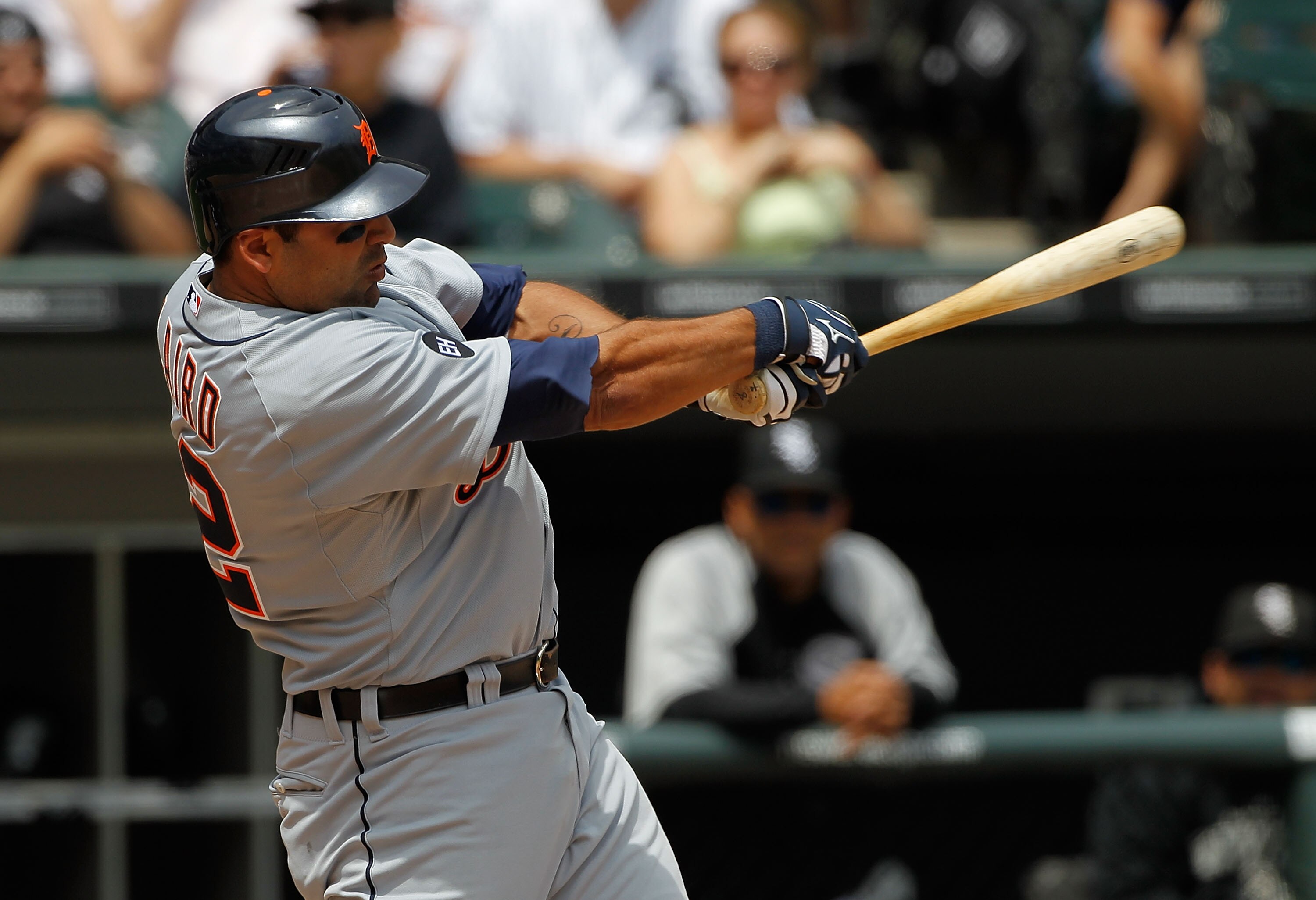 CHICAGO - JUNE 10: Gerald Laird #12 of the Detriot Tigers takes a swing against the Chicago White Sox at U.S. Cellular Field on June 10, 2010 in Chicago, Illinois. The White Sox defeated the Tigers 3-0.  (Photo by Jonathan Daniel/Getty Images)
