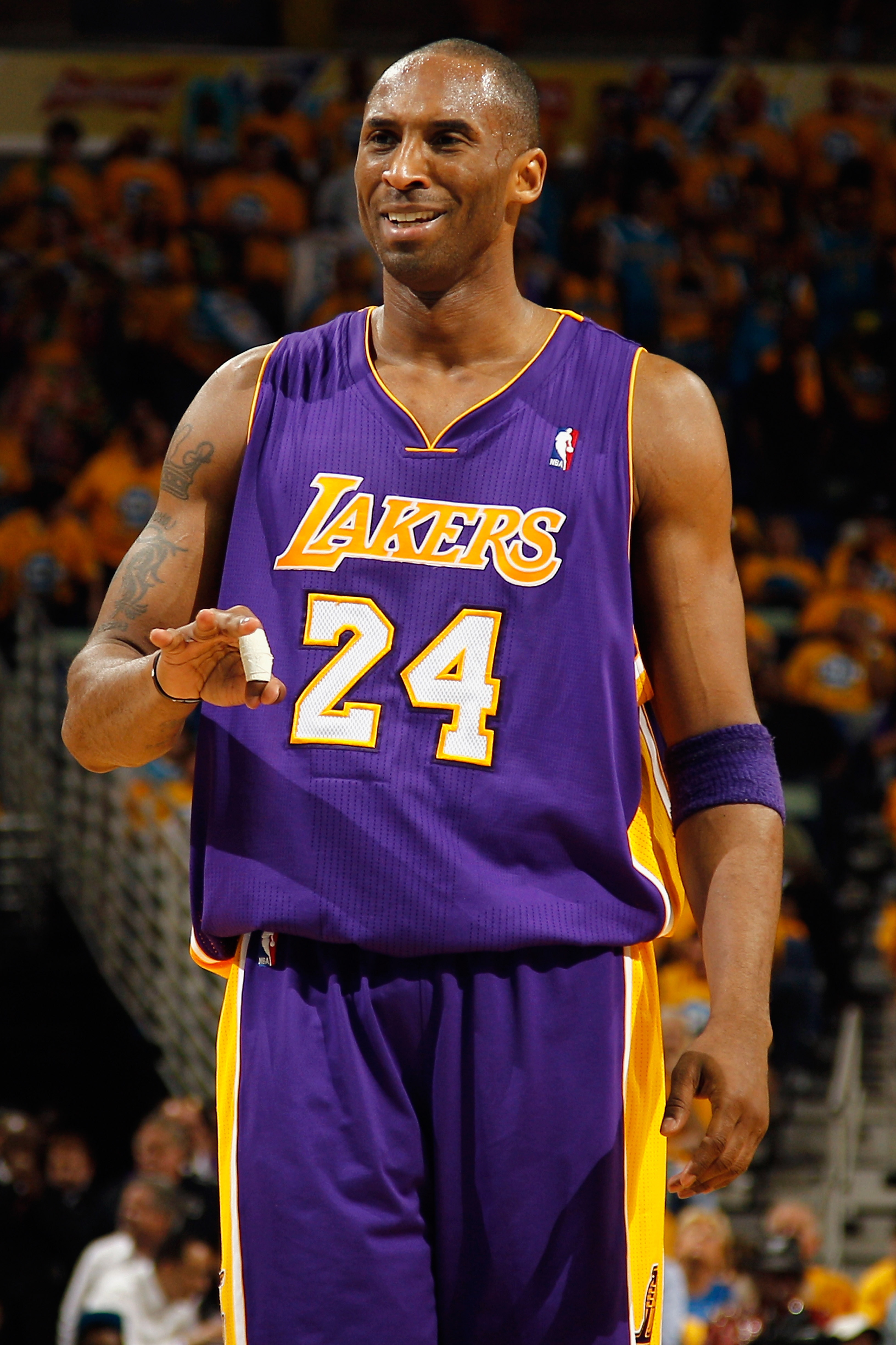 NEW ORLEANS, LA - APRIL 22:  Kobe Bryant #24 of the Los Angeles Lakers reacts after being fouled during the game against  the New Orleans Hornets in Game Three of the Western Conference Quarterfinals in the 2011 NBA Playoffs at the New Orleans Arena  on A