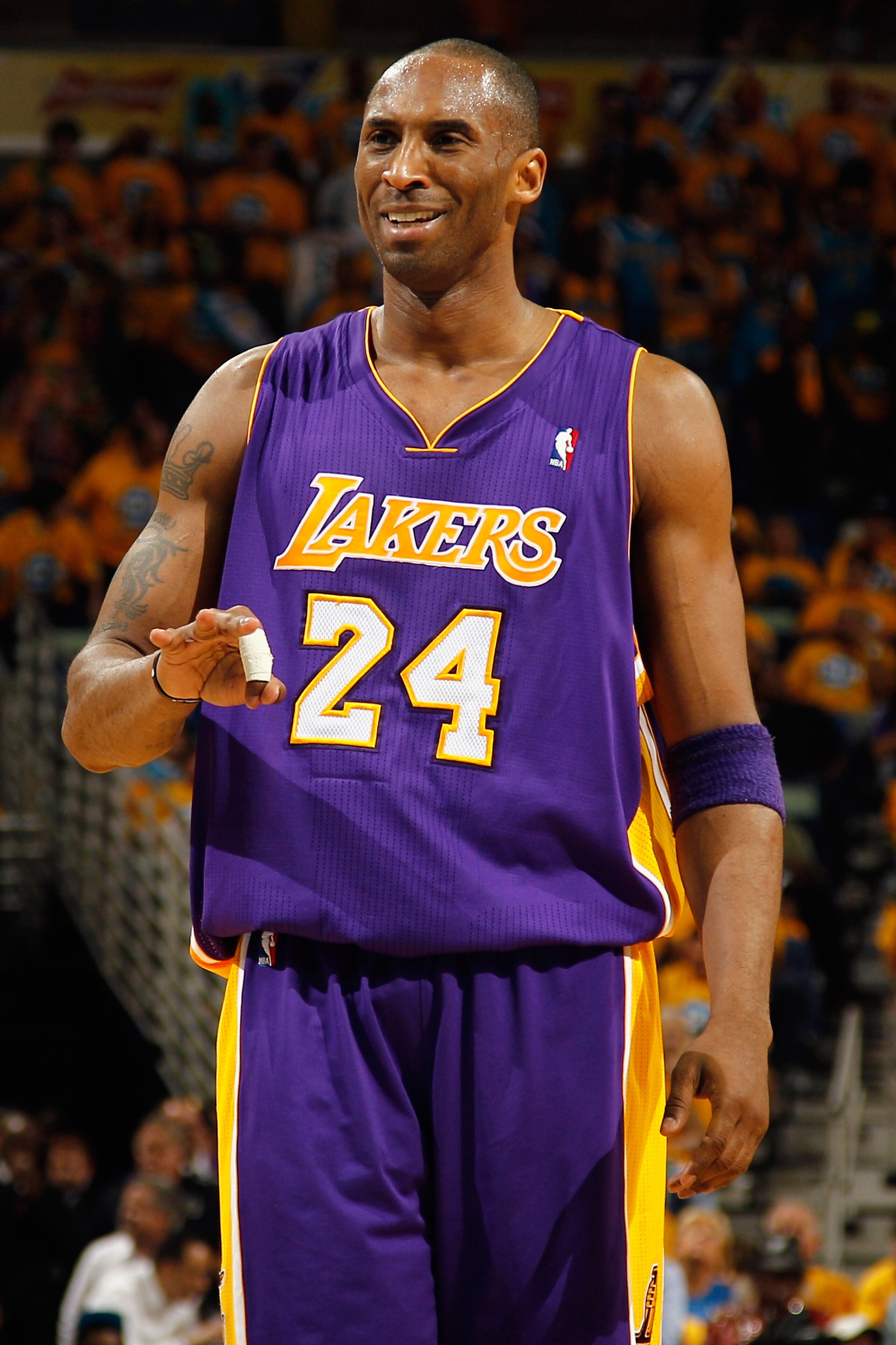 NEW ORLEANS, LA - APRIL 22:  Kobe Bryant #24 of the Los Angeles Lakers reacts after being fouled during the game against  the New Orleans Hornets in Game Three of the Western Conference Quarterfinals in the 2011 NBA Playoffs at the New Orleans Arena  on A