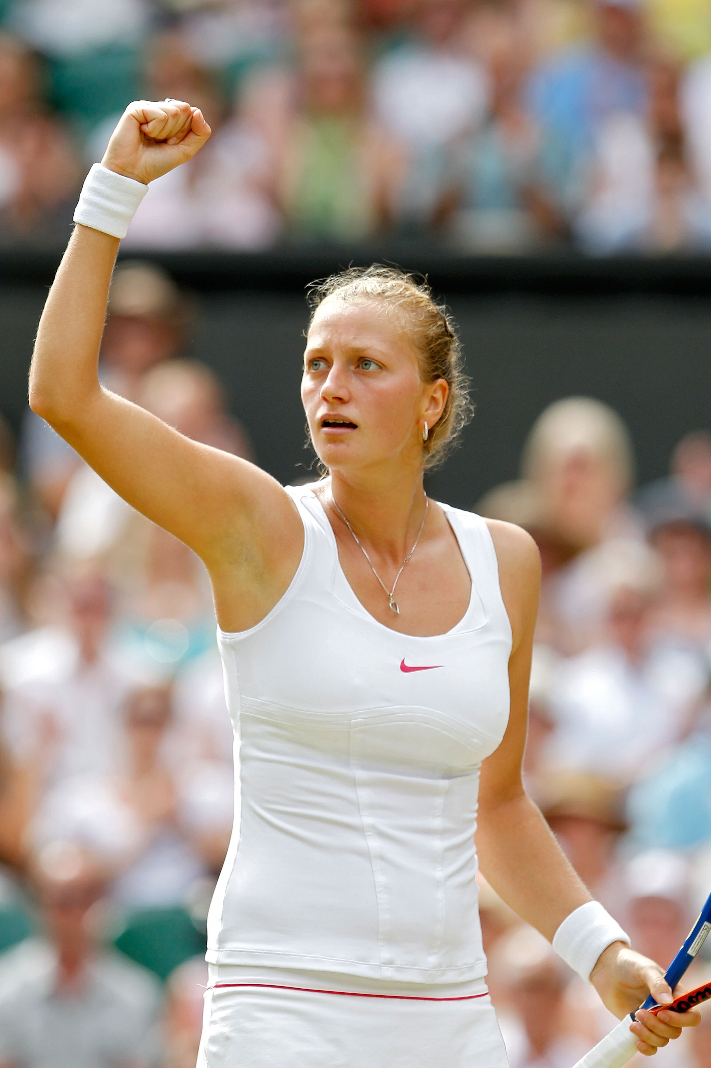 LONDON, ENGLAND - JULY 01:  Petra Kvitova of Czech Republic plays a shot during the Ladies Semi Final match against Serena Williams of USA on Day Nine of the Wimbledon Lawn Tennis Championships at the All England Lawn Tennis and Croquet Club on June 30, 2