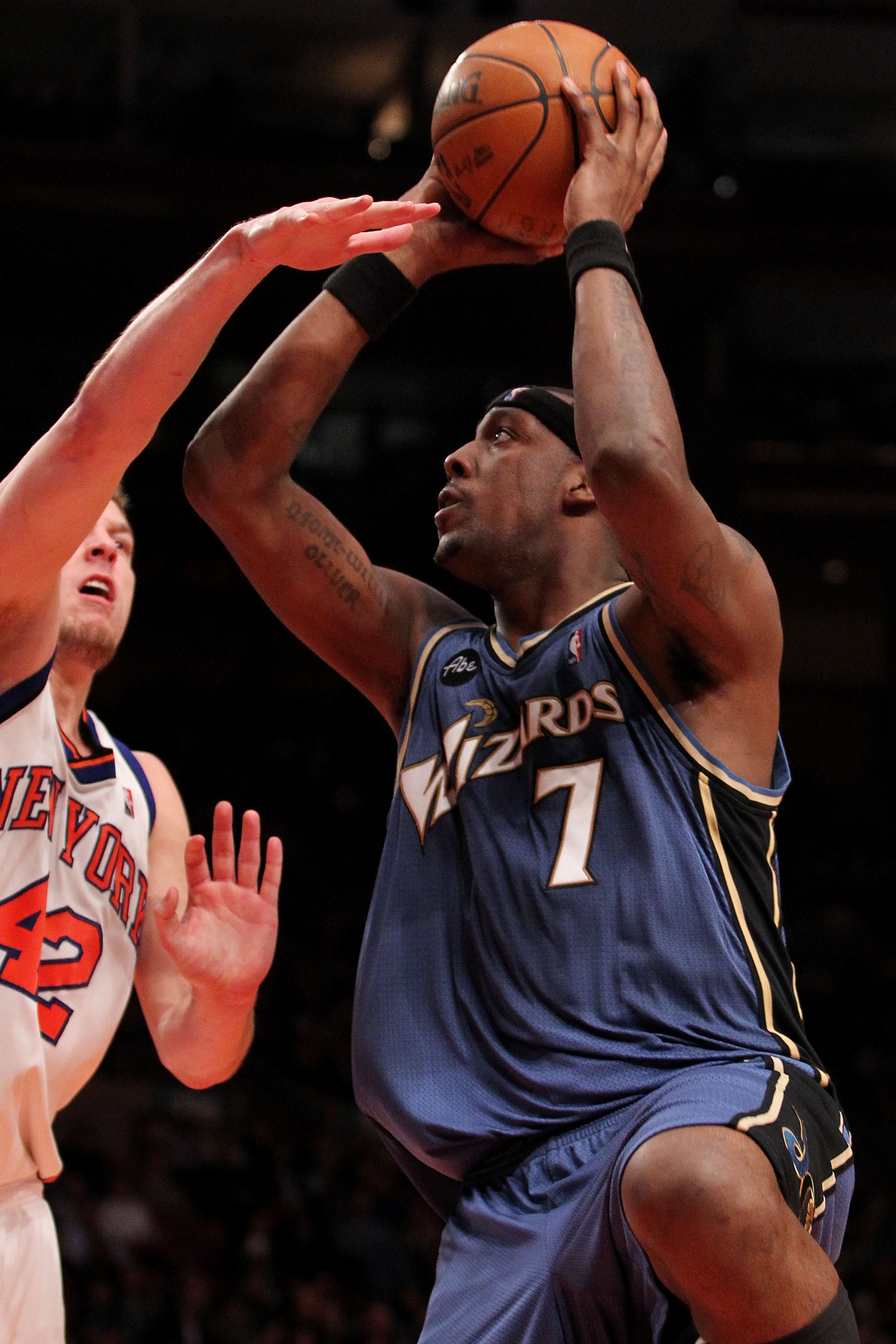 NEW YORK - FEBRUARY 03: Andray Blatche #7 of the Washington Wizards goes up for a shot against David Lee #42 of the New York Knicks at Madison Square Garden February 3, 2010 in New York City. NOTE TO USER: User expressly acknowledges and agrees that, by d