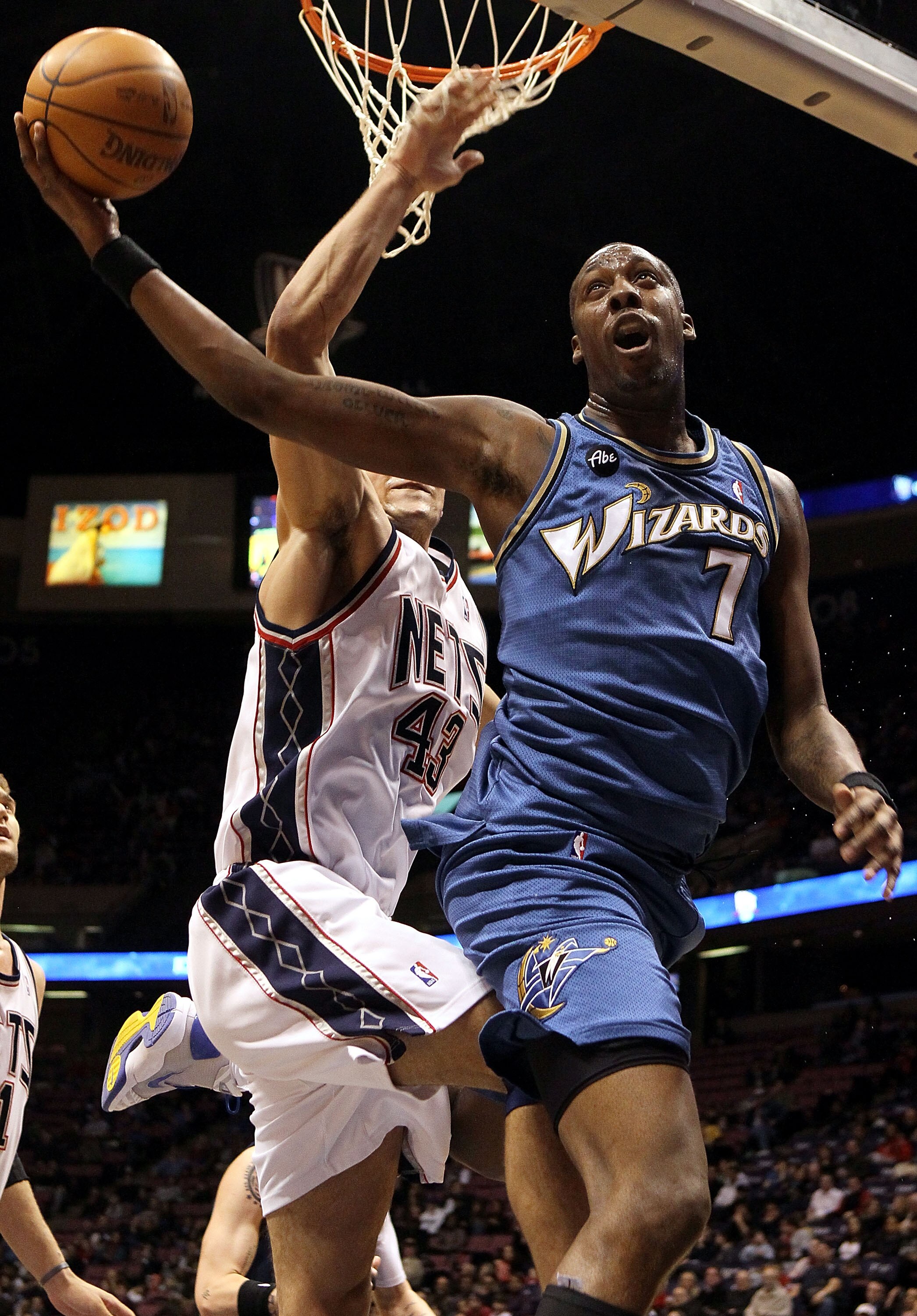 EAST RUTHERFORD, NJ - JANUARY 29:  Andray Blatche #7 of the Washington Wizards puts up a shot against the New Jersey Nets at the Izod Center on January 29, 2010 in East Rutherford, New Jersey. NOTE TO USER: User expressly acknowledges and agrees that, by