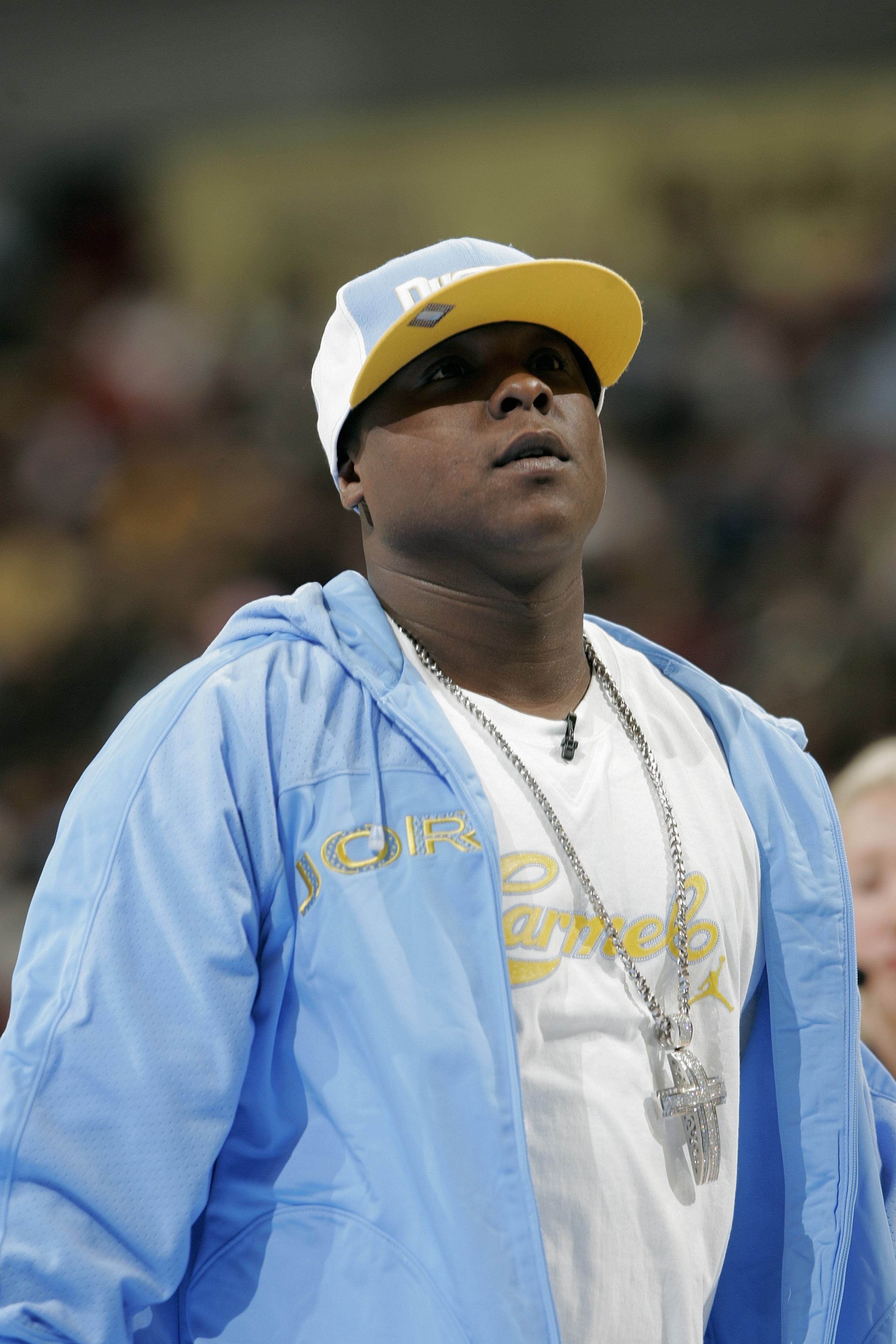DENVER - NOVEMBER 11:  Rapper Jadakiss, fan of the Denver Nuggets watches from the sideline during the game with the Detroit Pistons on November 11, 2004 at the Pepsi Center in Denver, Colorado.  The Nuggets won 117-109.    NOTE TO USER: User expressly ac