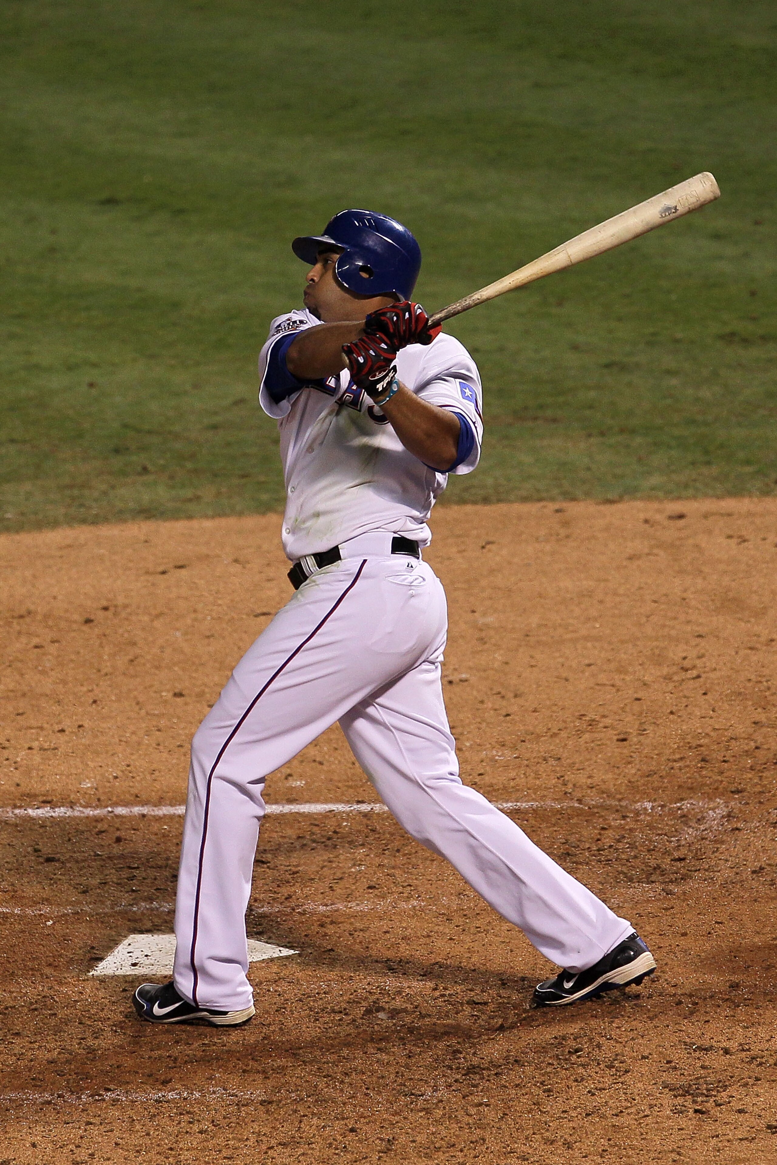 ARLINGTON, TX - NOVEMBER 01:  Nelson Cruz #17 of the Texas Rangers hits a solo home run in the seventh inning against the San Francisco Giants in Game Five of the 2010 MLB World Series at Rangers Ballpark in Arlington on November 1, 2010 in Arlington, Tex