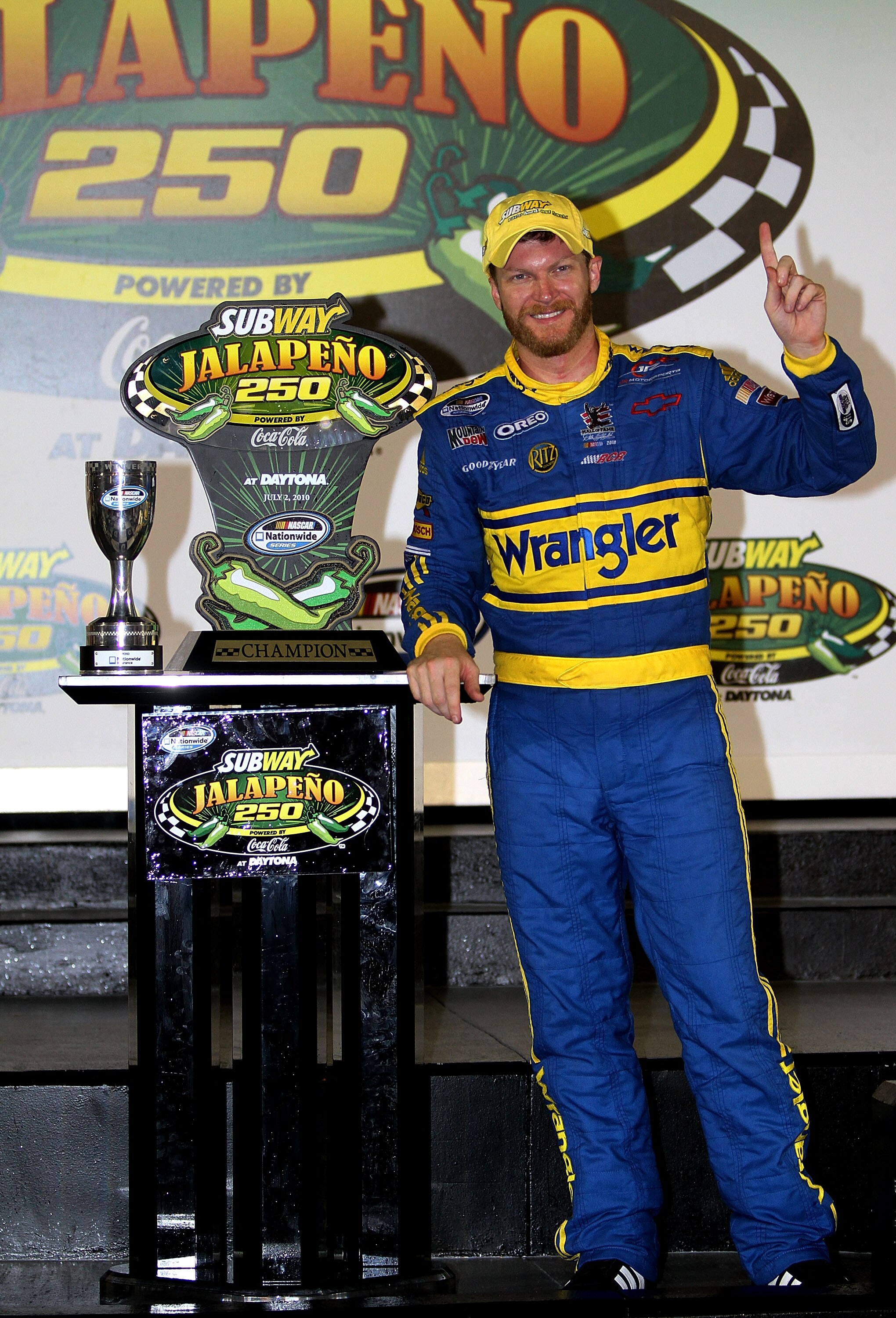 DAYTONA BEACH, FL - JULY 02:  Dale Earnhardt Jr., driver of the #3 Wrangler Chevrolet, celebrates in victory lane after winning the NASCAR Nationwide Series Subway Jalapeno 250 at Daytona International Speedway on July 2, 2010 in Daytona Beach, Florida.
