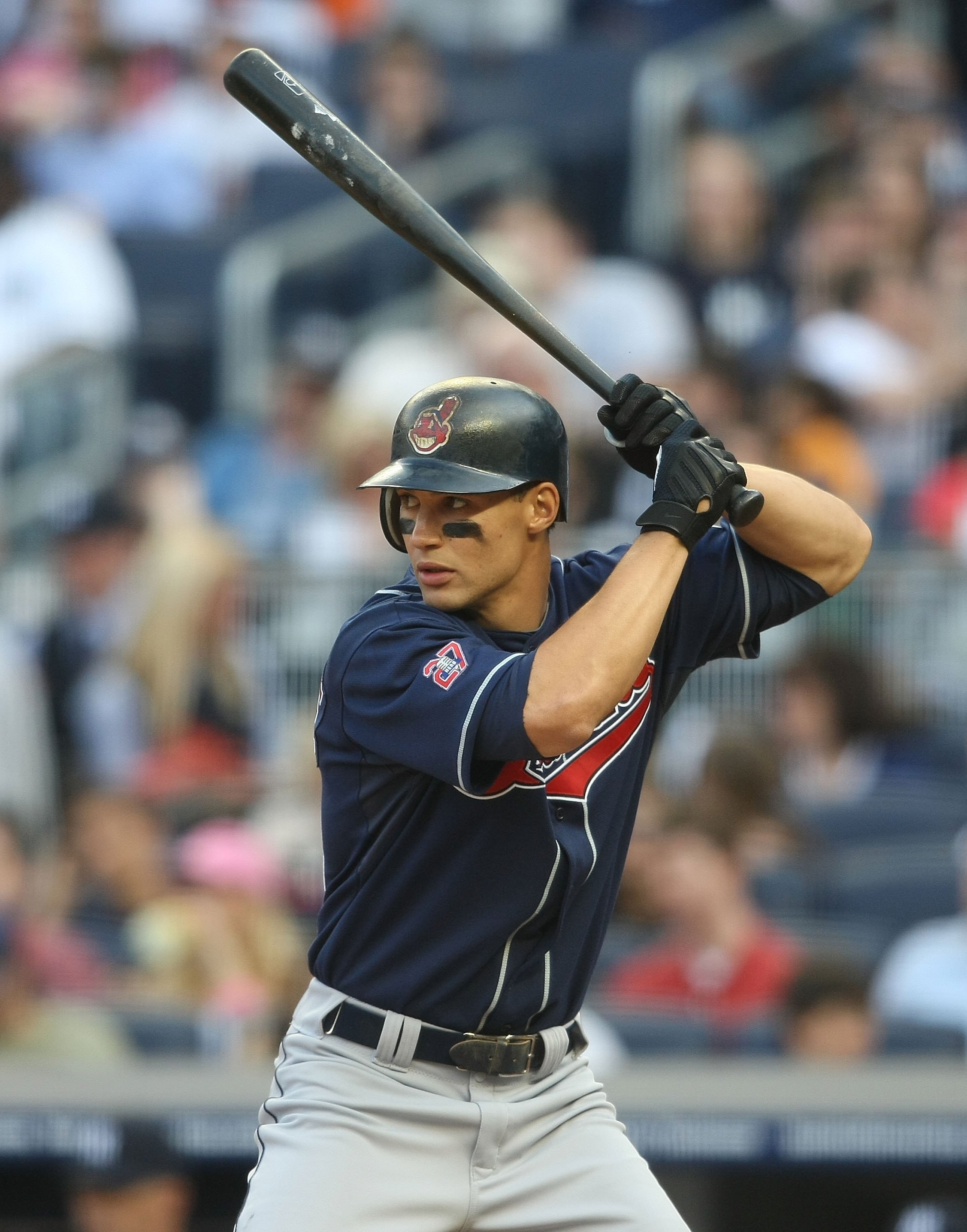 NEW YORK - APRIL 18:  Grady Sizemore #24 of the Cleveland Indians at bat against the New York Yankees at Yankee Stadium on April 18, 2009 in the Bronx borough of New York City.  (Photo by Nick Laham/Getty Images)
