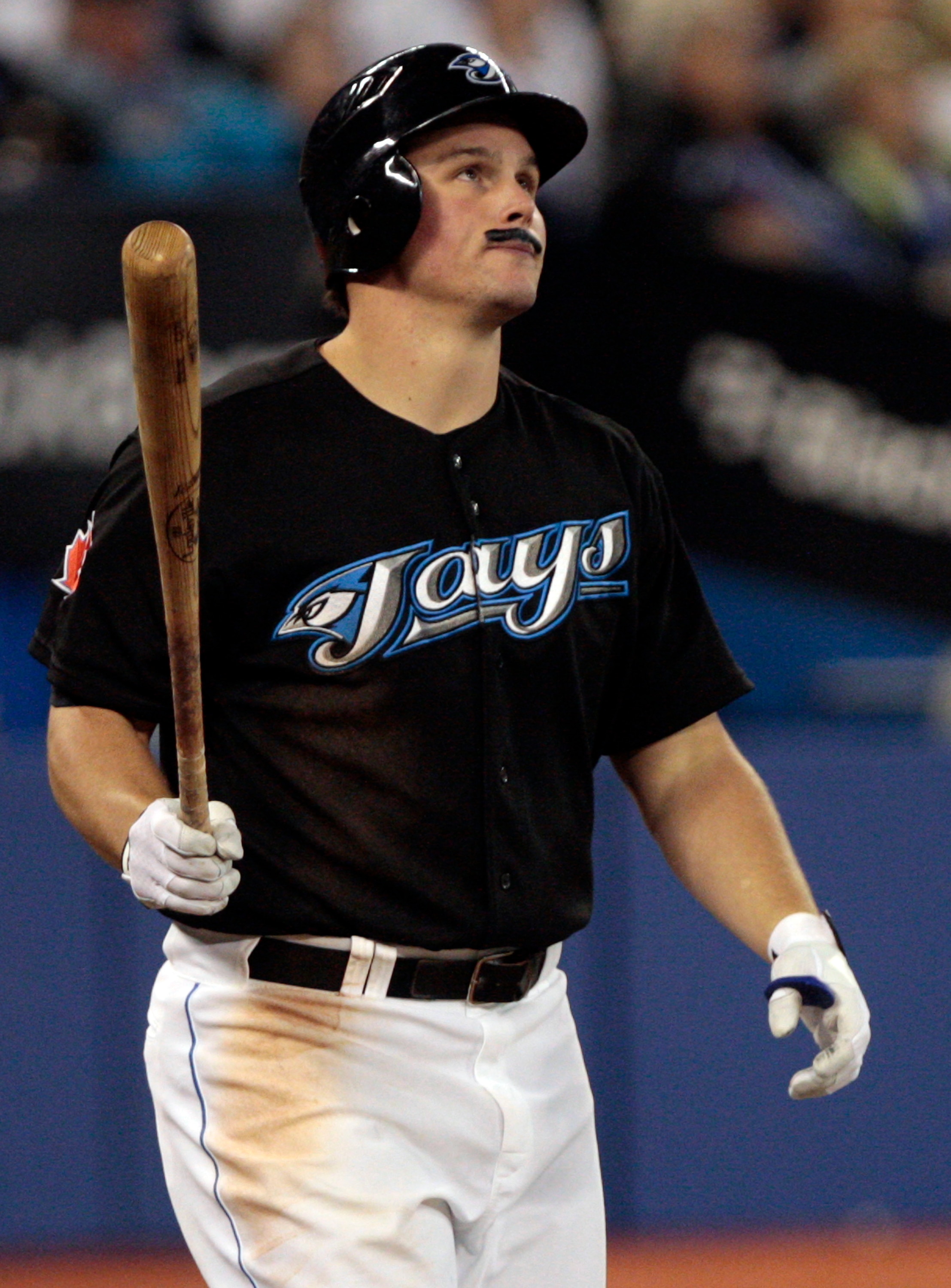 TORONTO, ON - SEPTEMBER 29: Travis Snider #45 of the Toronto Blue Jays shows off his Cito Gaston mustache as he plays against the New York Yankees during a MLB game at the Rogers Centre September 29, 2010 in Toronto, Ontario, Canada. (Photo by Abelimages/