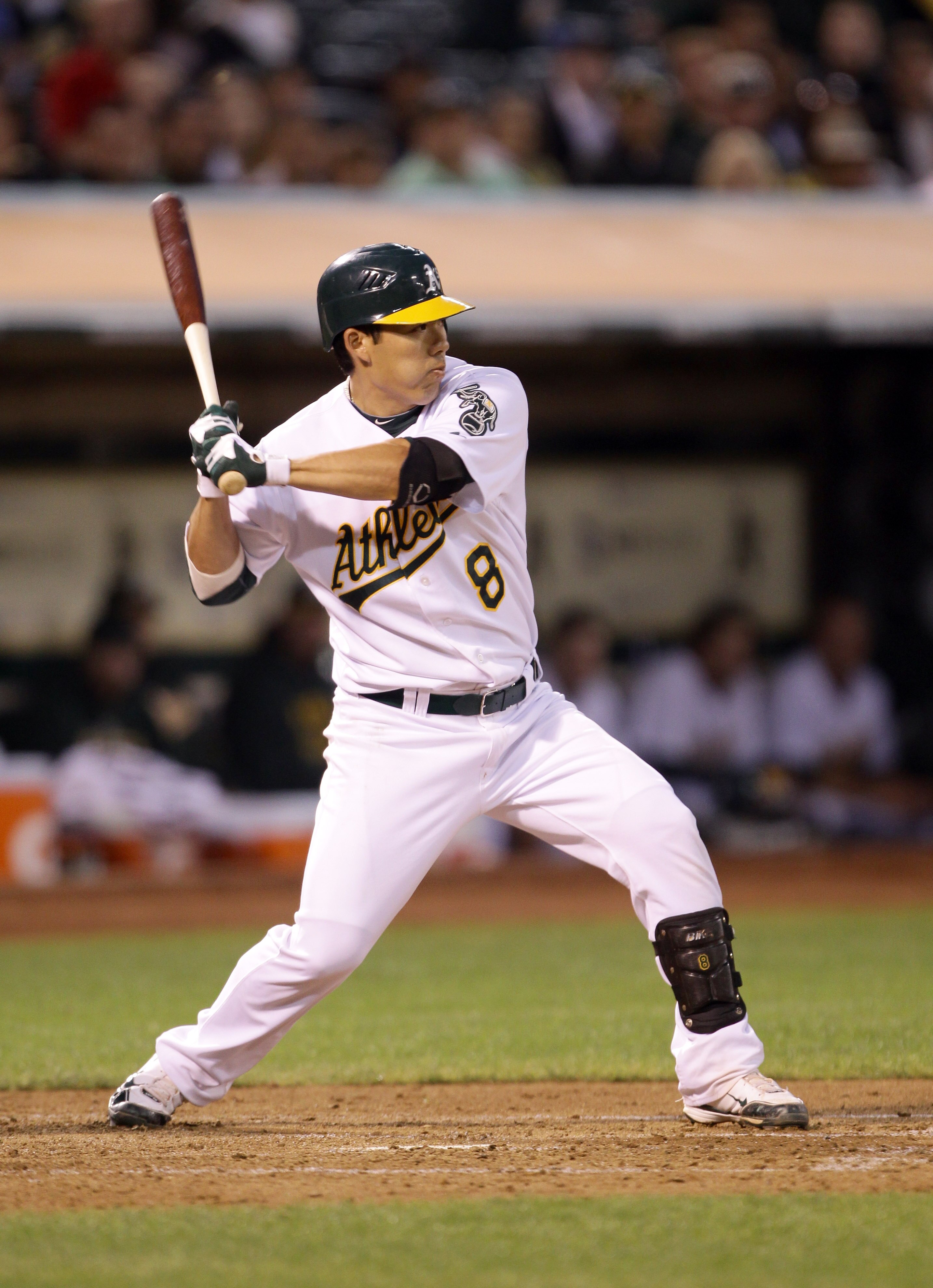 OAKLAND, CA - AUGUST 20:  Kurt Suzuki #8 of the Oakland Athletics bats against the Tampa Bay Rays at the Oakland-Alameda County Coliseum  on August 20, 2010 in Oakland, California.  (Photo by Ezra Shaw/Getty Images)