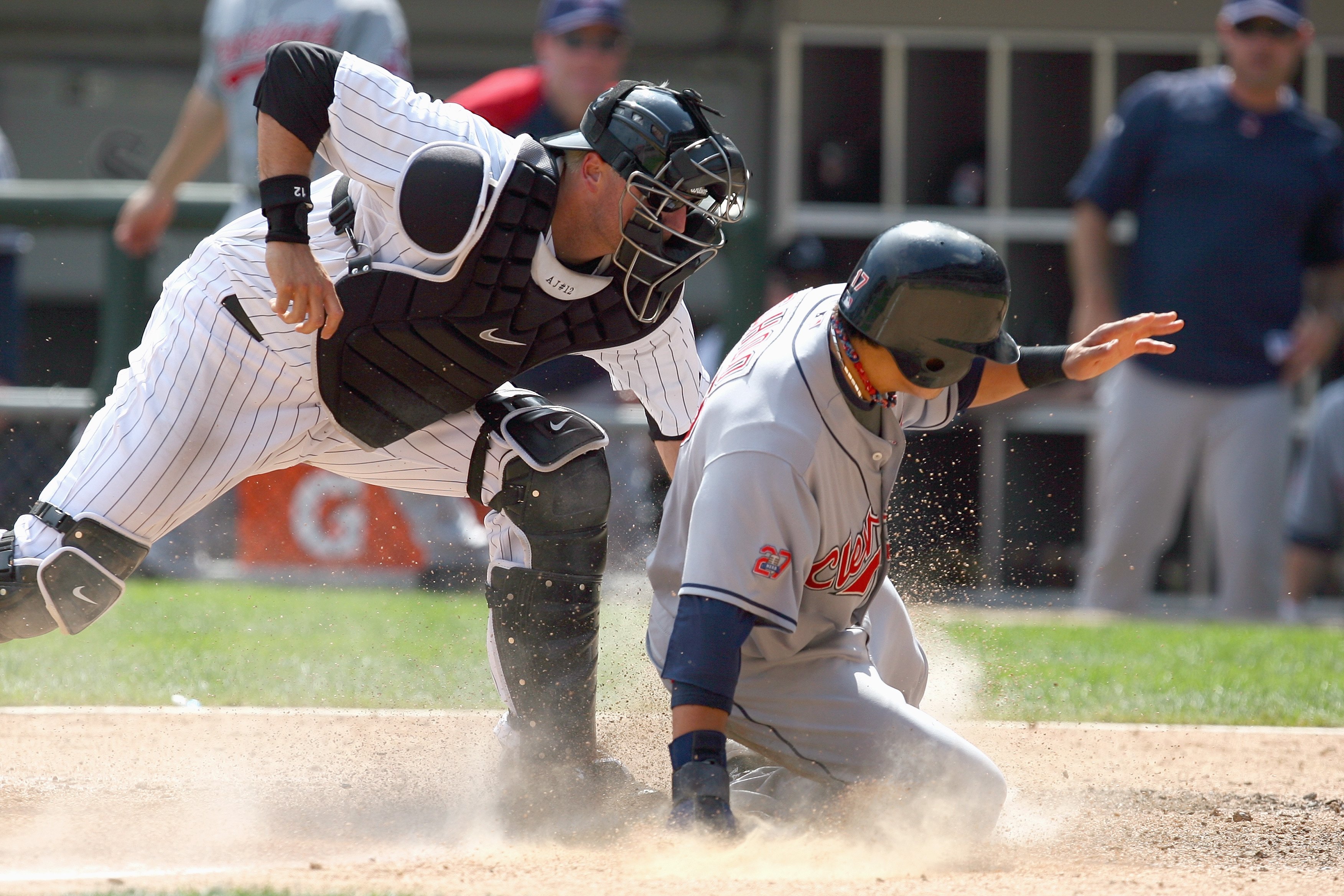 CHICAGO - AUGUST 09: A.J. Pierzynski #12 of the Chicago White Sox tags out Shin-soo Choo #17 of the Cleveland Indians at the plate in the 7th inning on August 9, 2009 at U.S. Cellular Field in Chicago, Illinois. (Photo by Jonathan Daniel/Getty Images)