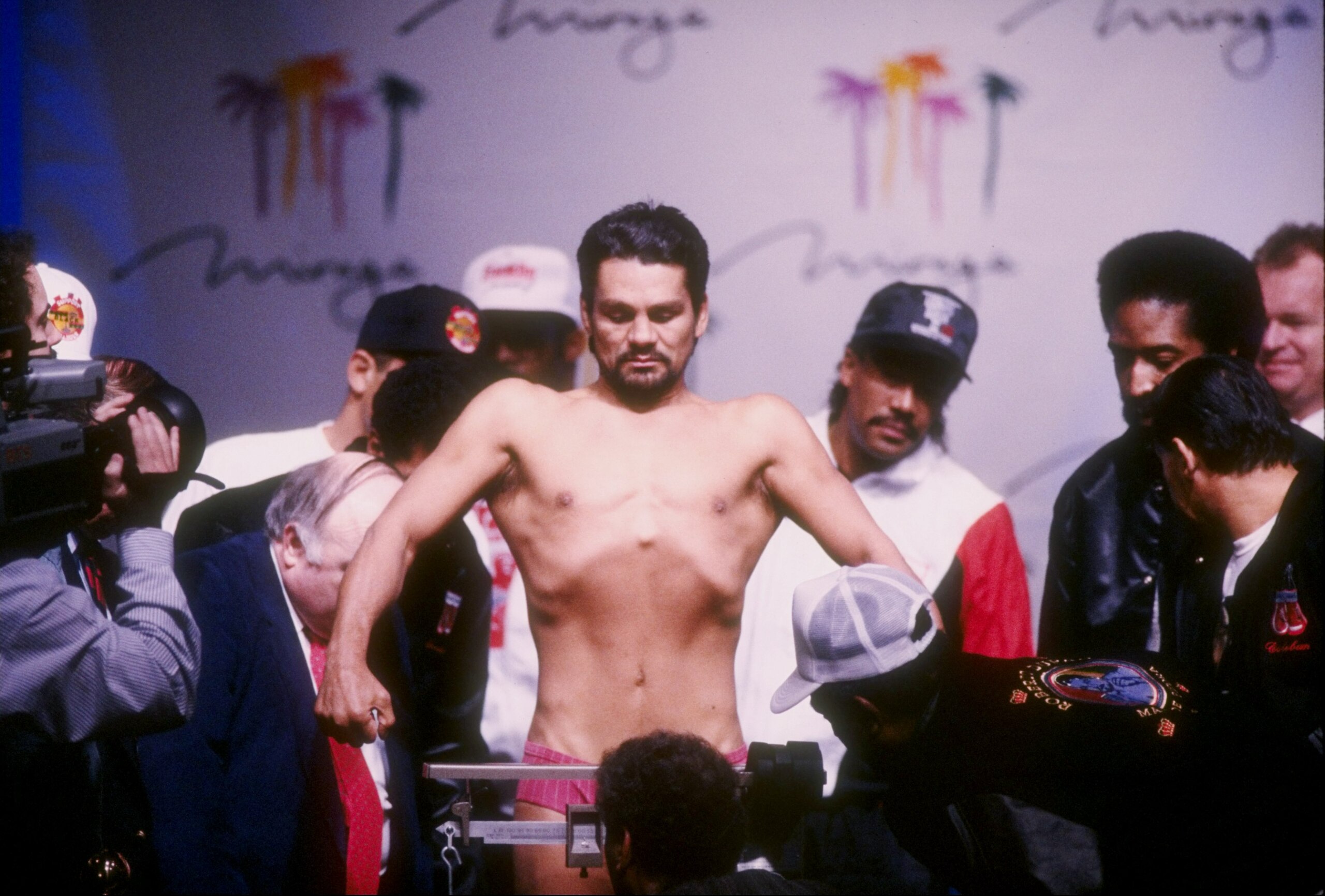 Roberto Duran weighs in prior to his fight with Sugar Ray Leonard at The Mirage Hotel in Las Vegas, Nevada.