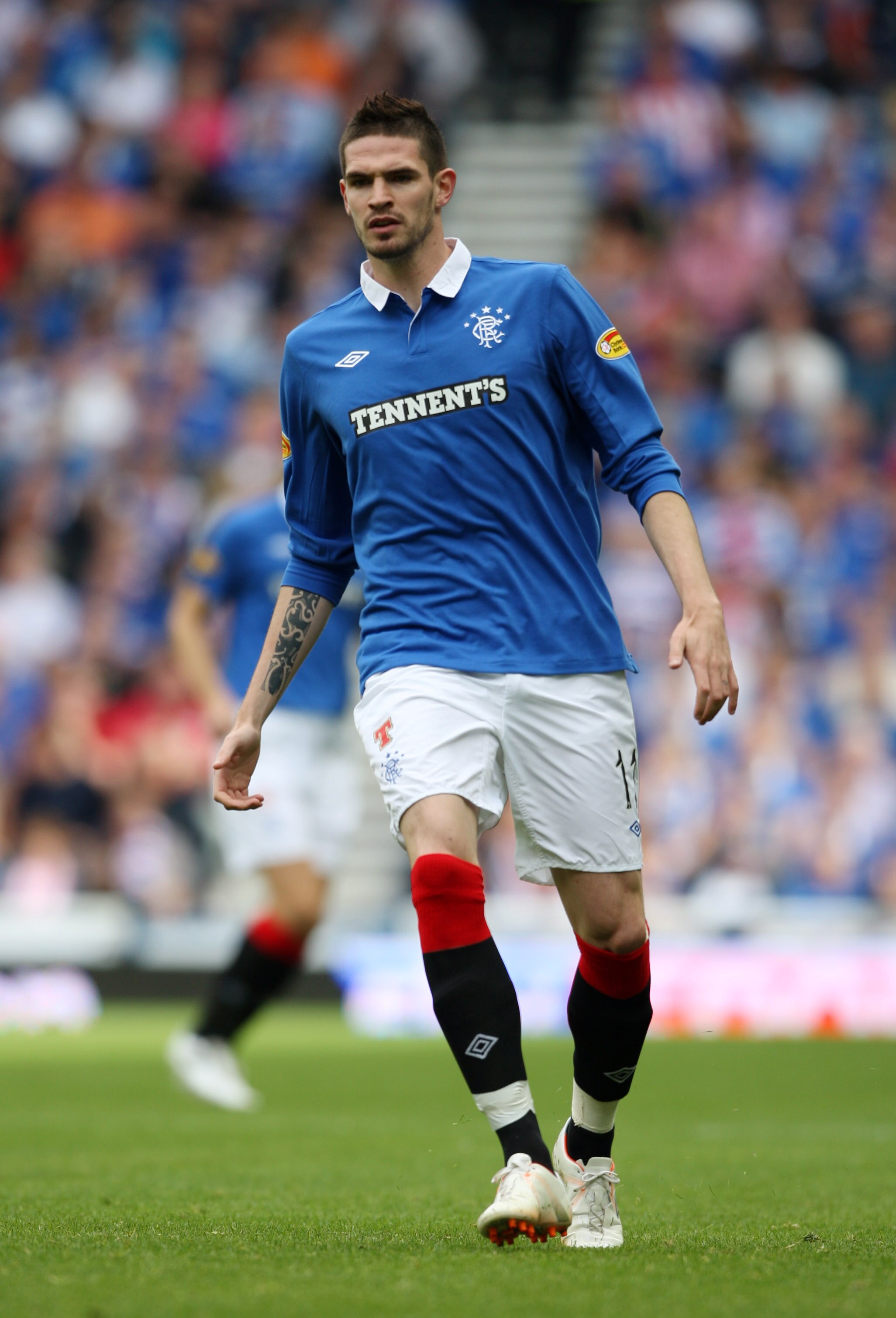 GLASGOW, UNITED KINGDOM - AUGUST 14: Kyle Lafferty of Rangers in action during the Clydesdale Bank Scottish Premier League match between Glasgow Rangers and Kilmarnock at  Ibrox Stadium on August 14, 2010 in Glasgow, Scotland. (Photo by Ian MacNicol/Getty