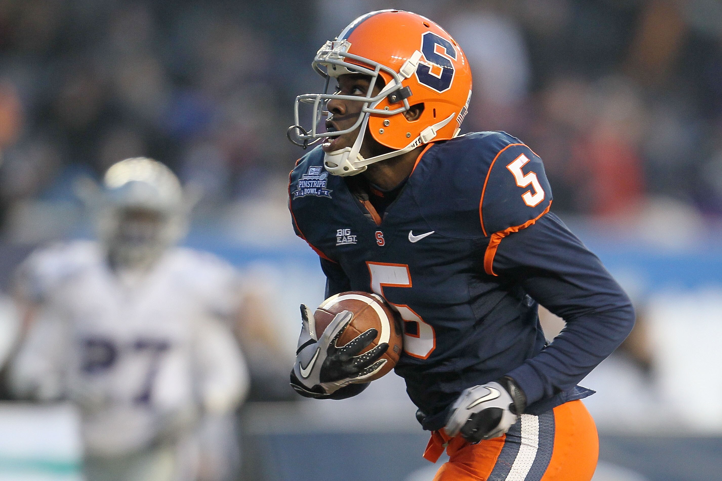 NEW YORK, NY - DECEMBER 30:  Marcus Sales #5 of the Syracuse Orange scores a touchdown against  the Kansas State Wildcats during the New Era Pinstripe Bowl at Yankee Stadium on December 30, 2010 in New York, New York.  (Photo by Chris McGrath/Getty Images