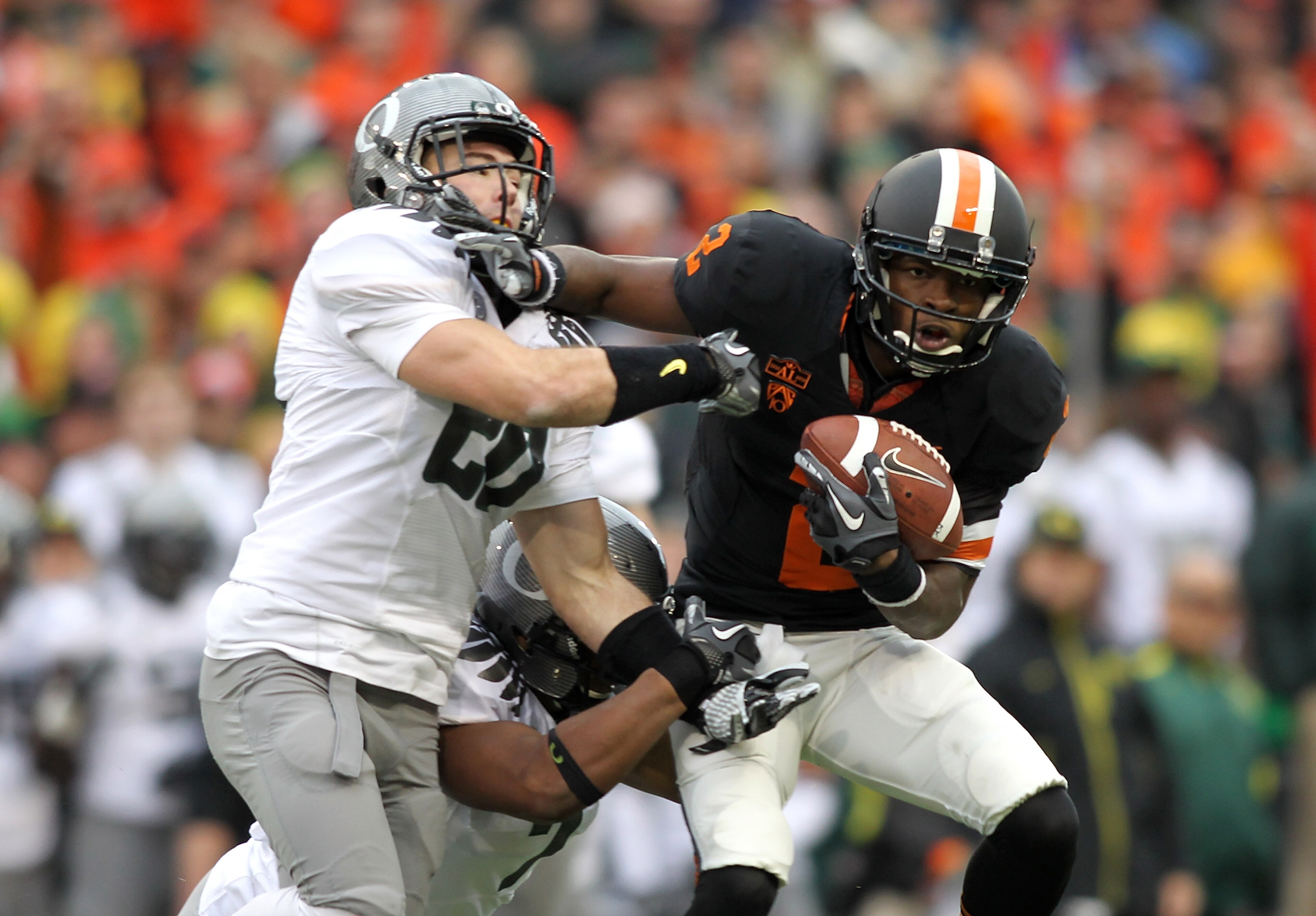 CORVALLIS, OR - DECEMBER 04:  Markus Wheaton #2 of the Oregon State Beavers runs against Kenyon Parker #20 of the Oregon Ducks during the 114th Civil War on December 4, 2010 at the Reser Stadium in Corvallis, Oregon.  (Photo by Jonathan Ferrey/Getty Image