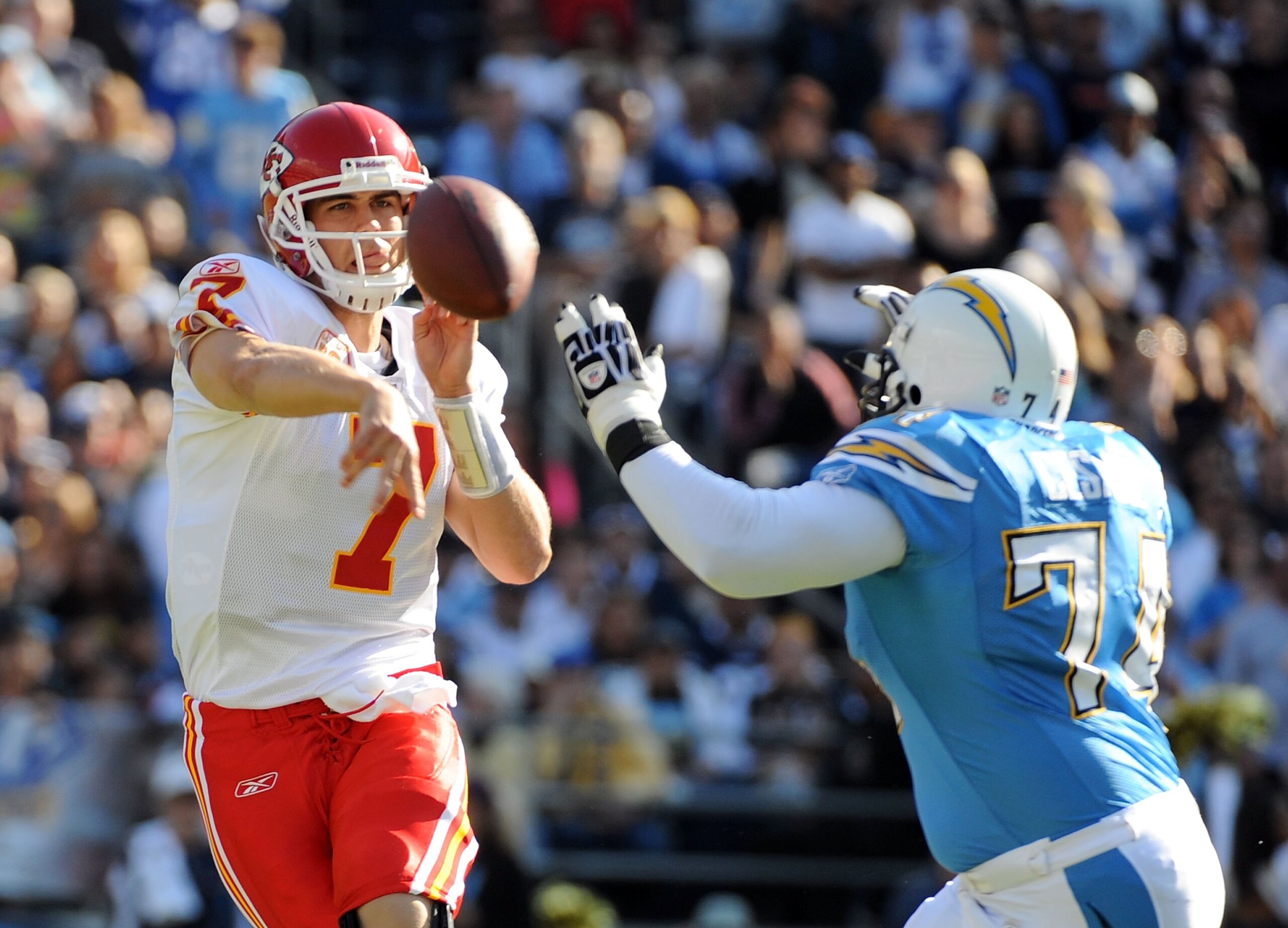 SAN DIEGO - NOVEMBER 29:  Matt Cassel #7 of the Kansas City Chiefs throws as he is rushed by Jacques Cesaire #74 of the San Diego Chargers at Qualcomm Stadium on November 29, 2009 in San Diego, California.  (Photo by Harry How/Getty Images)