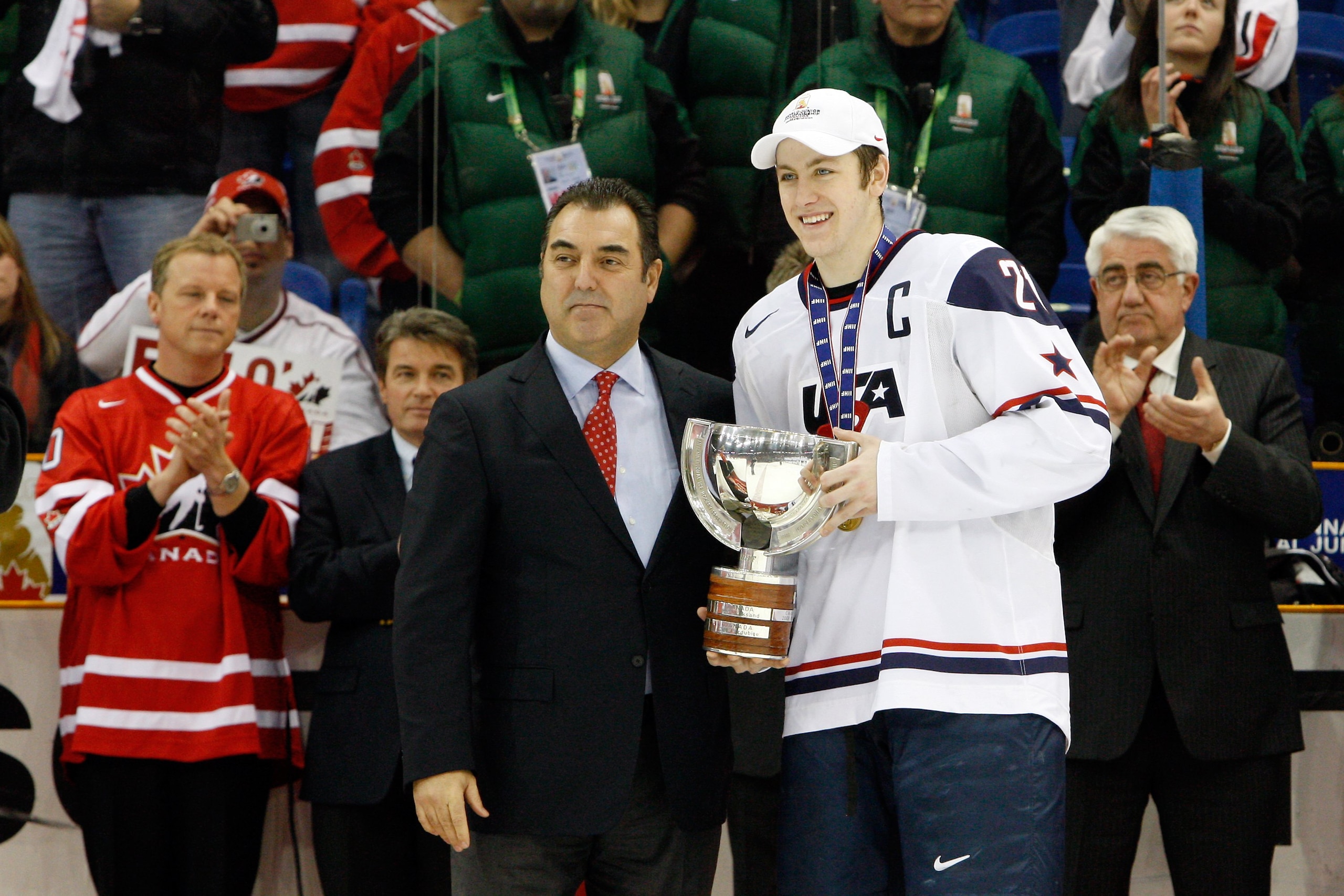 SASKATOON, SK - JANUARY 5: Derek Stepan #21 of Team USA is presented the 2010 IIHF Champions Cup after defeating Team Canada at the 2010 IIHF World Junior Championship Tournament Gold Medal game on January 5, 2010 at the Credit Union Centre in Saskatoon, SASKATOON, SK - JANUARY 5: Derek Stepan #21 of Team USA is presented the 2010 IIHF Champions Cup after defeating Team Canada at the 2010 IIHF World Junior Championship Tournament Gold Medal game on January 5, 2010 at the Credit Union Centre in Saskatoon,