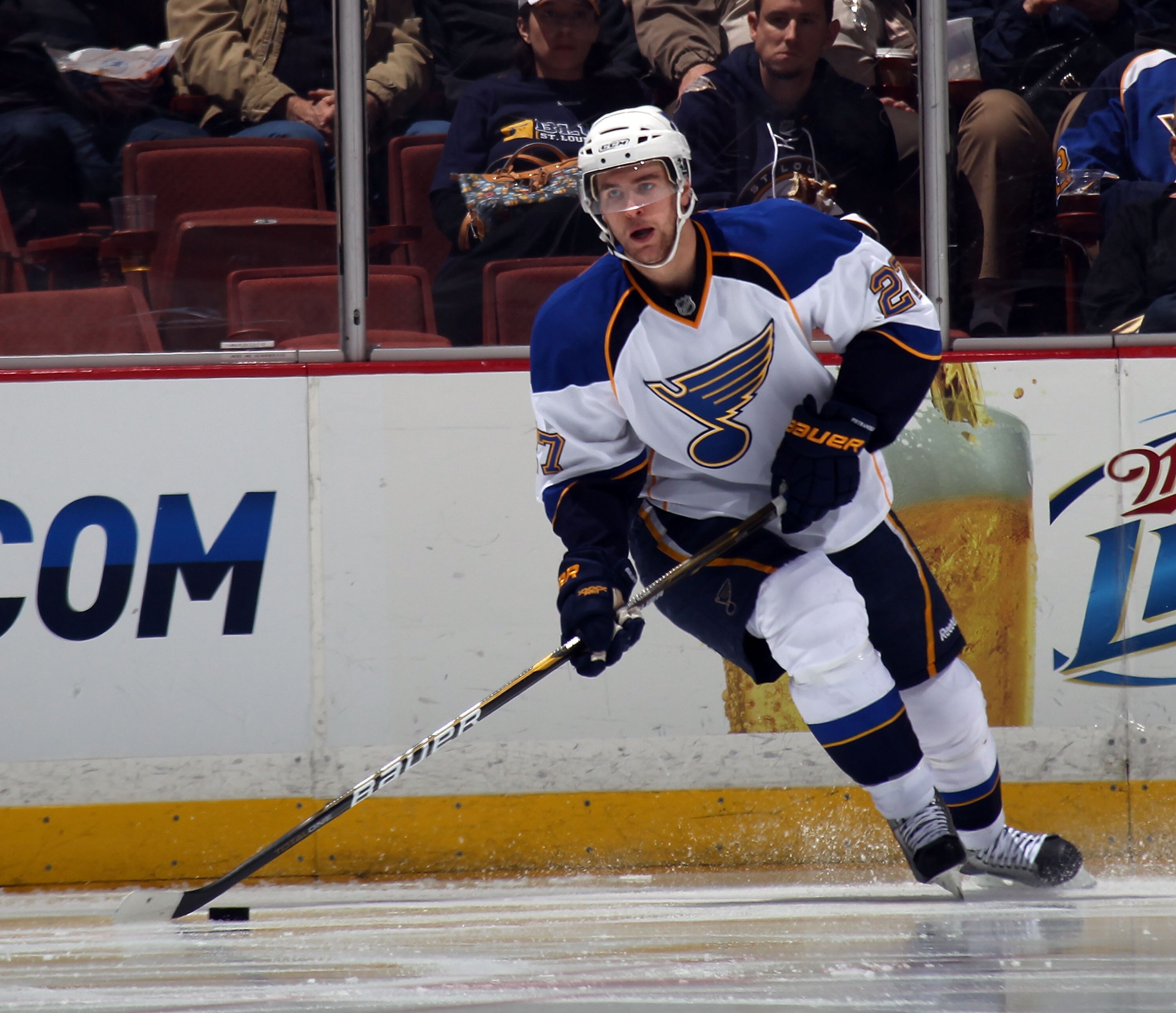 ANAHEIM, CA - JANUARY 12: Alex Pietrangelo #27 of the St. Louis Blues skates against the Anaheim Ducks at the Honda Center on January 12, 2011 in Anaheim, California.  (Photo by Bruce Bennett/Getty Images)