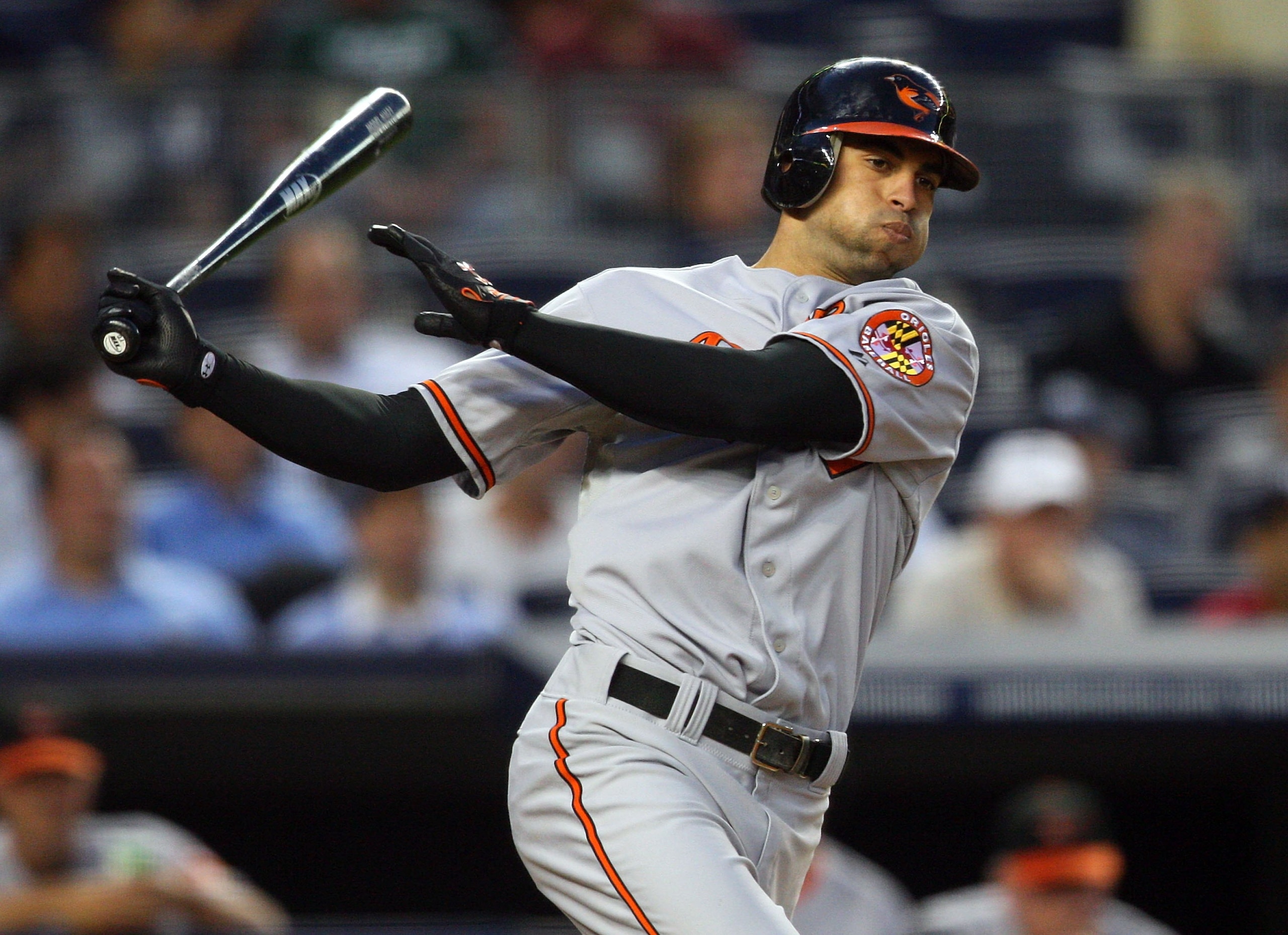 NEW YORK - MAY 04: Nick Markakis #21 of the Baltimore Orioles bats against the New York Yankees on May 4, 2010 in the Bronx borough of New York City. The Yankees defeated the Orioles 4-1. (Photo by Mike Stobe/Getty Images) NEW YORK - MAY 04: Nick Markakis #21 of the Baltimore Orioles bats against the New York Yankees on May 4, 2010 in the Bronx borough of New York City. The Yankees defeated the Orioles 4-1. (Photo by Mike Stobe/Getty Images)
