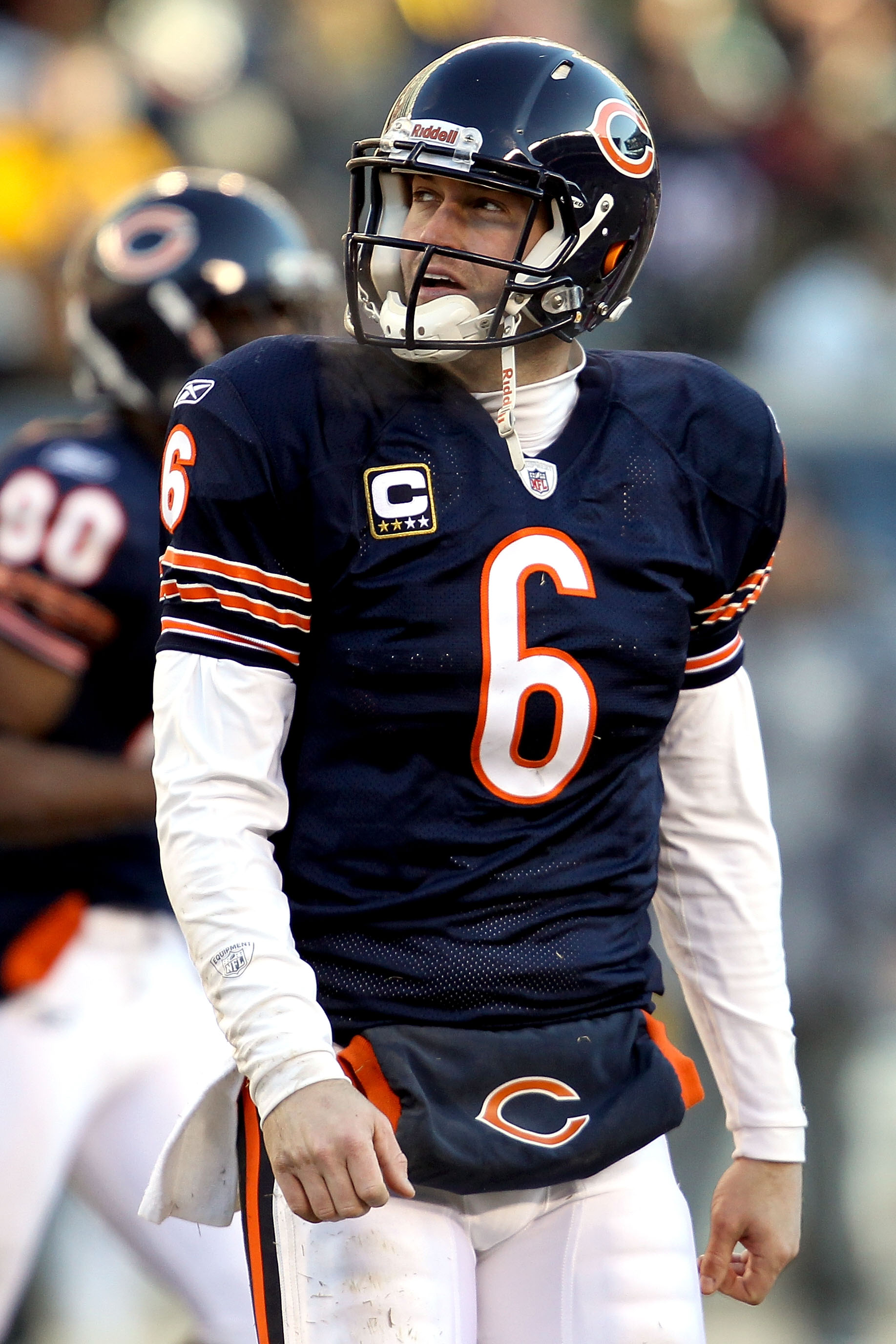 CHICAGO, IL - JANUARY 23:  Quarterback Jay Cutler #6 of the Chicago Bears reacts in the second quarter against the Green Bay Packers in the NFC Championship Game at Soldier Field on January 23, 2011 in Chicago, Illinois.  (Photo by Jonathan Daniel/Getty I