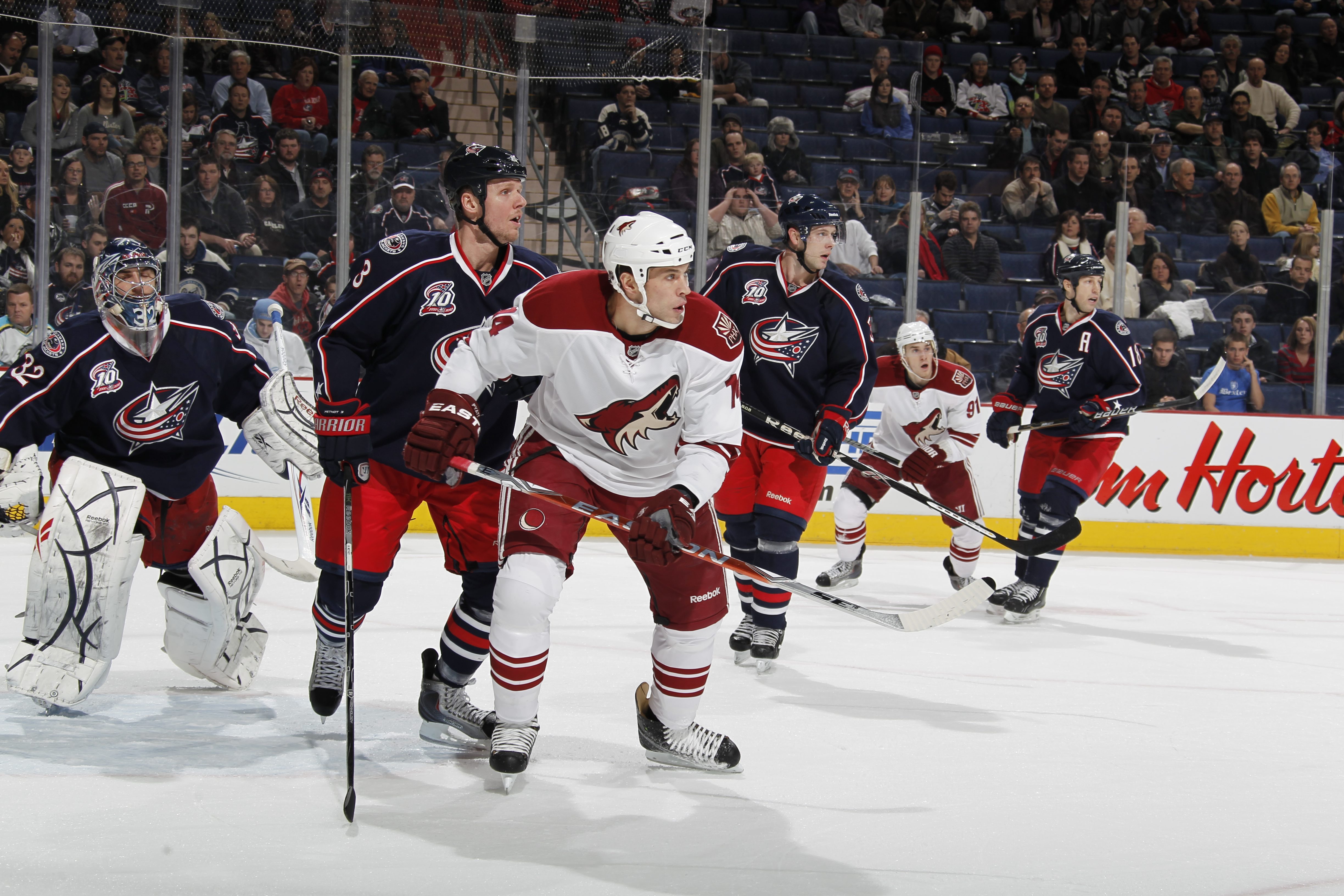 COLUMBUS, OH - JANUARY 11: Taylor Pyatt  #14 of the Phoenix Coyotes skates against the Columbus Blue Jackets during a game on January 11, 2011 at the Nationwide Arena in Columbus, Ohio. (Photo by Gregory Shamus/Getty Images)