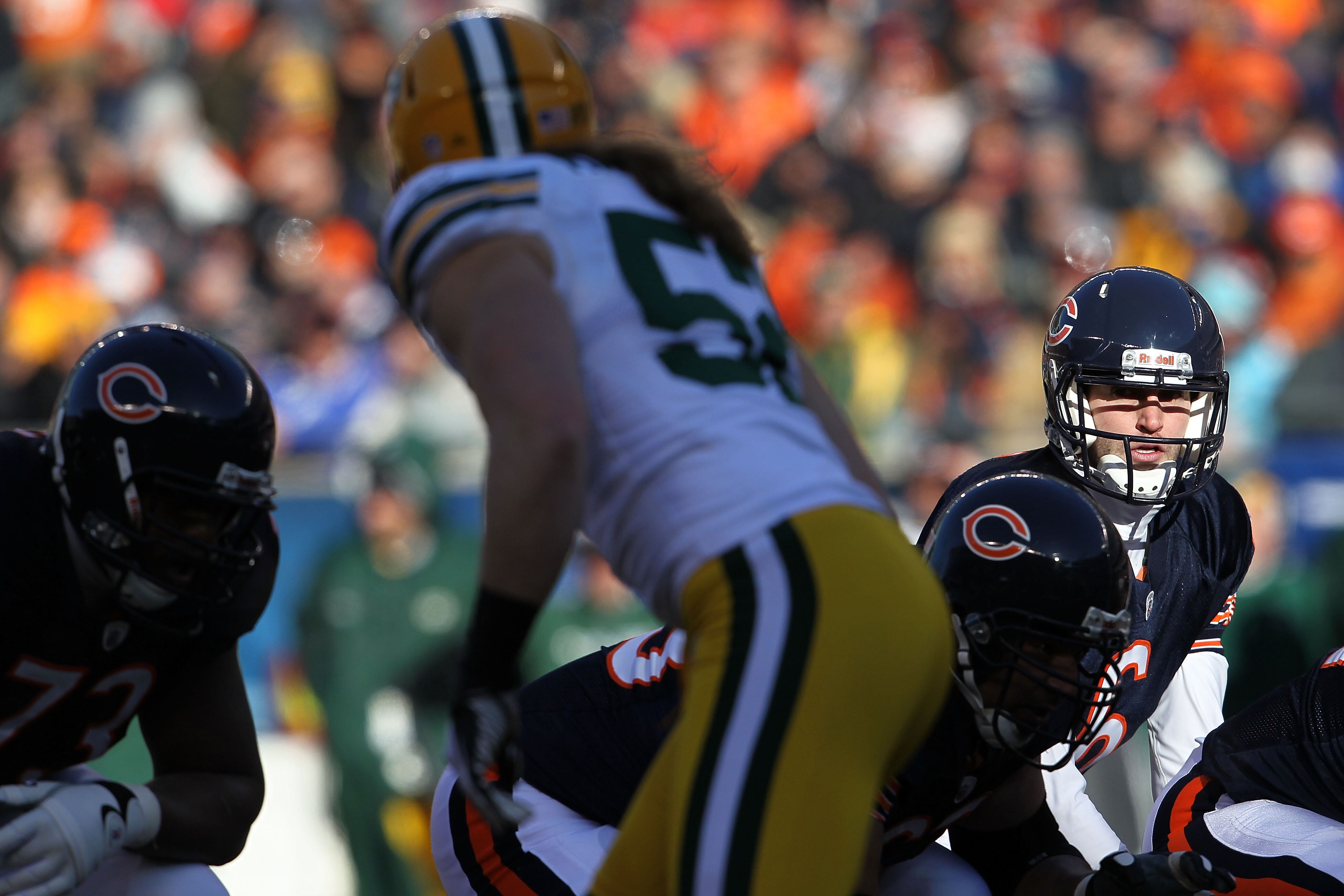 CHICAGO, IL - JANUARY 23:  Quarterback Jay Cutler #6 of the Chicago Bears looks down the line in the first quarter against the Green Bay Packers in the NFC Championship Game at Soldier Field on January 23, 2011 in Chicago, Illinois.  (Photo by Jamie Squir