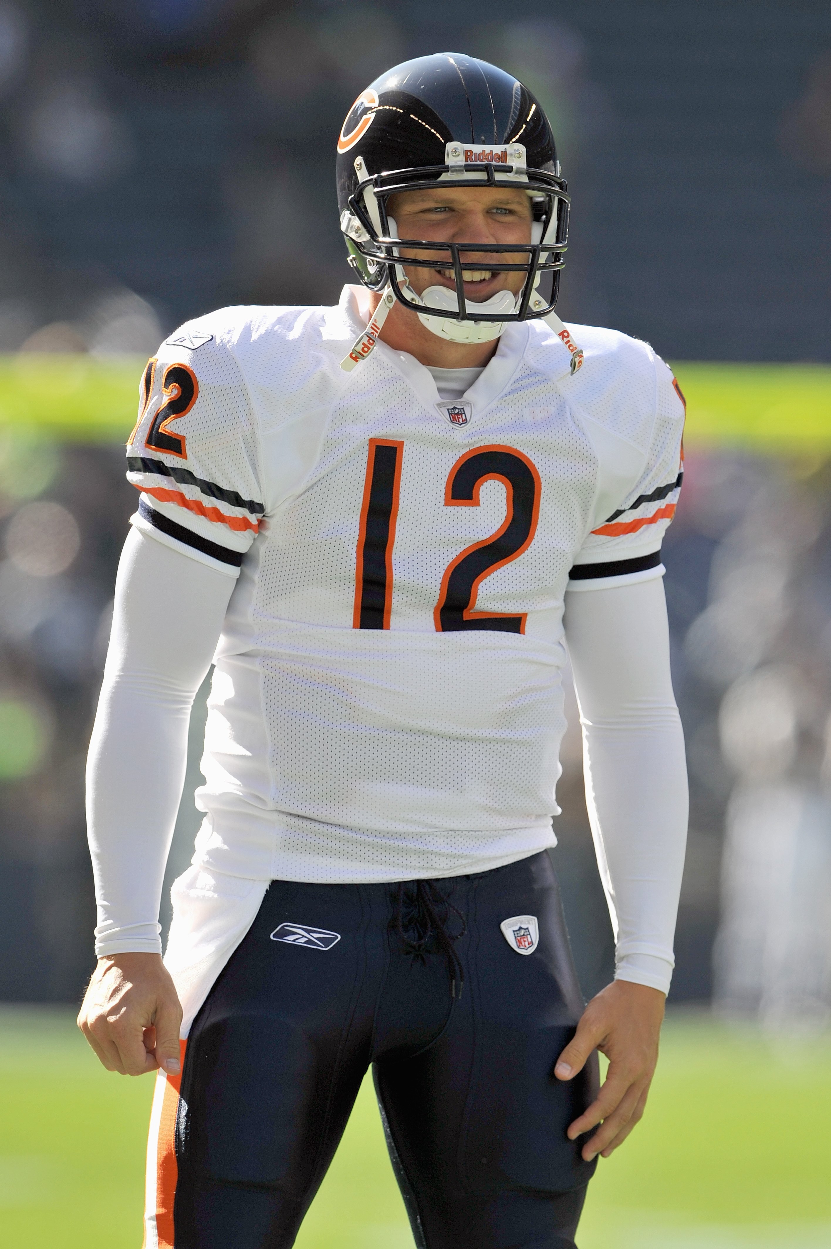 SEATTLE - SEPTEMBER 27:  Quarterback Caleb Hanie #12 of the Chicago Bears warms up on the field before the game against the Seattle Seahawks on September 27, 2009 at Qwest Field in Seattle, Washington. The Bears defeated the Seahawks 25-19.  (Photo by Ott