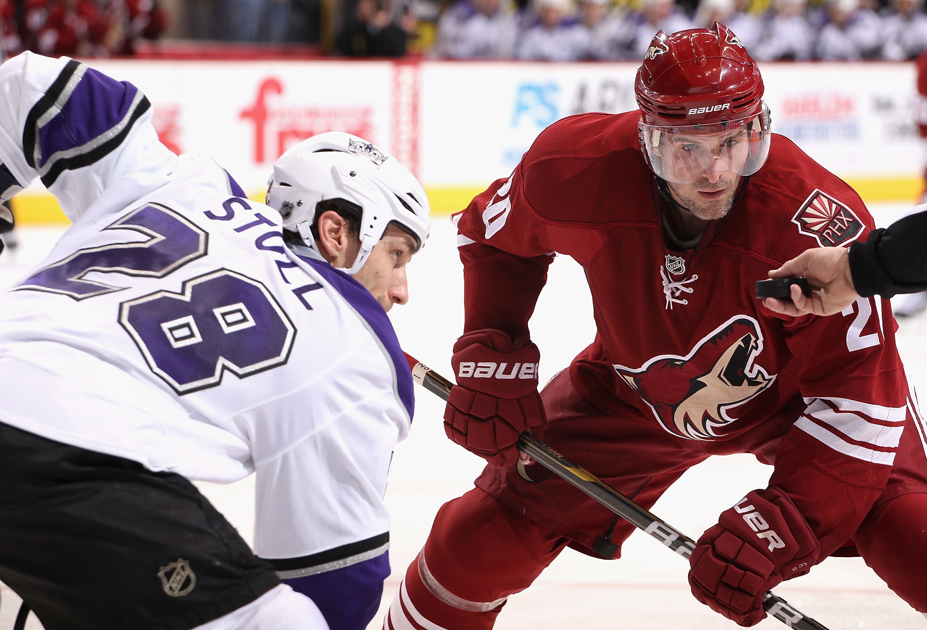 GLENDALE, AZ - DECEMBER 29:  Jarret Stoll #28 of the Los Angeles Kings faces off against Eric Belanger #20 of the Phoenix Coyotes during the NHL game at Jobing.com Arena on December 29, 2010 in Glendale, Arizona. The Coyotes defeated the Kings 6-3. (Photo
