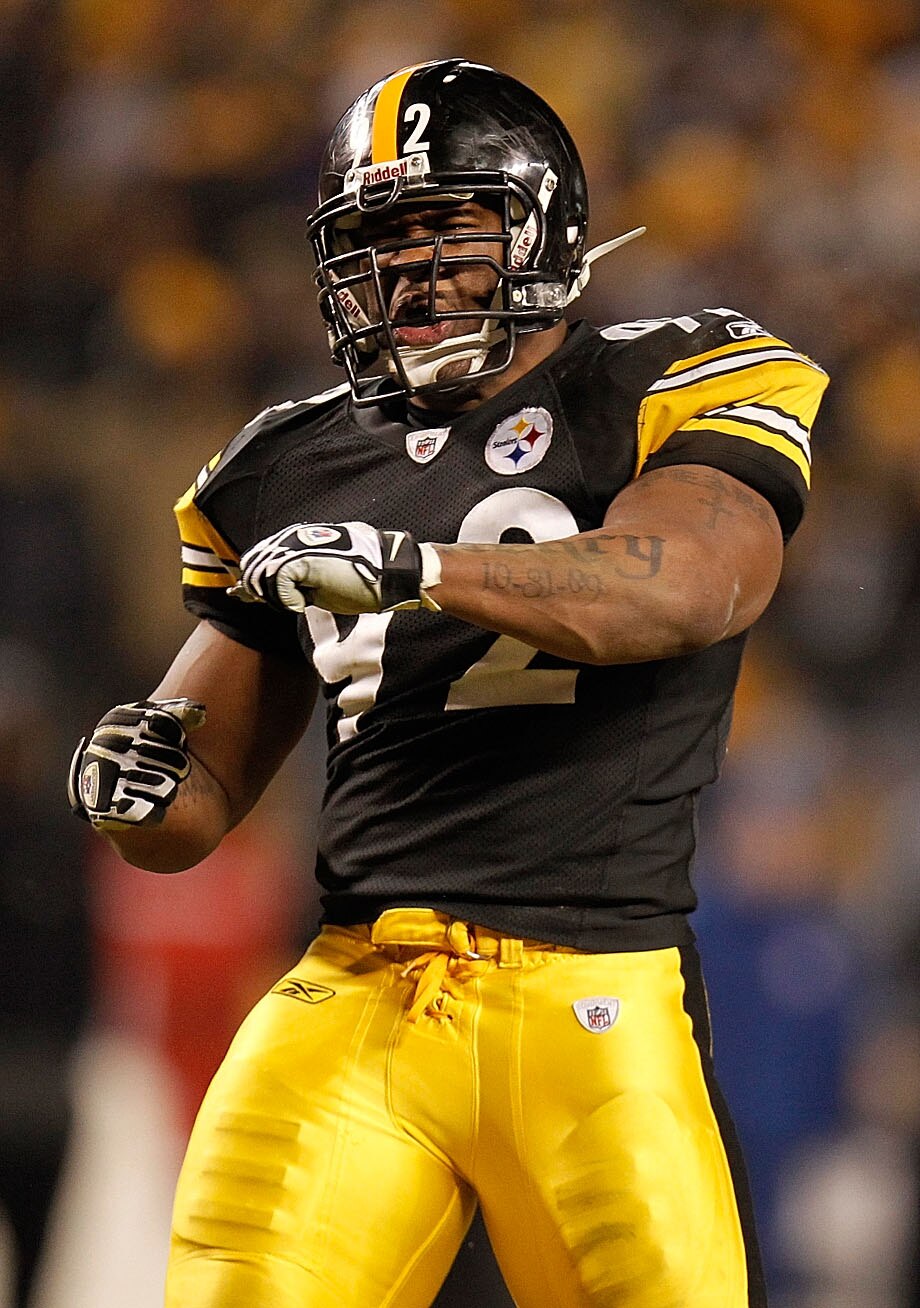 PITTSBURGH, PA - JANUARY 15: Linebacker James Harrison #92 of the Pittsburgh Steelers celebrates after a play against the Baltimore Ravens during the AFC Divisional Playoff Game at Heinz Field on January 15, 2011 in Pittsburgh, Pennsylvania. (Photo by G PITTSBURGH, PA - JANUARY 15: Linebacker James Harrison #92 of the Pittsburgh Steelers celebrates after a play against the Baltimore Ravens during the AFC Divisional Playoff Game at Heinz Field on January 15, 2011 in Pittsburgh, Pennsylvania. (Photo by G