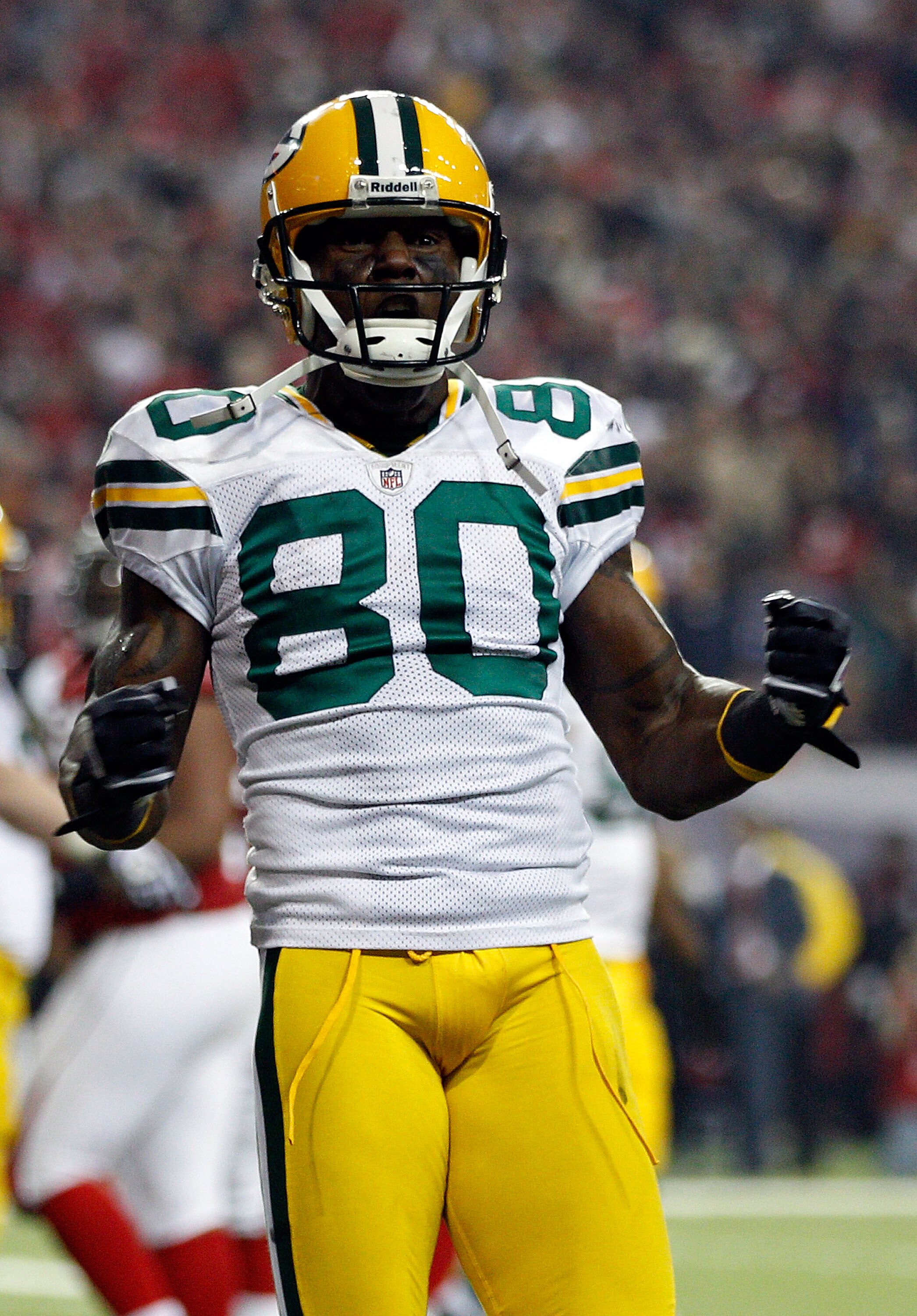 ATLANTA, GA - JANUARY 15: Donald Driver #80 of the Green Bay Packers reacts after he made a reception against the Atlanta Falcons during their 2011 NFC divisional playoff game at Georgia Dome on January 15, 2011 in Atlanta, Georgia. The Packers won 48-21 ATLANTA, GA - JANUARY 15: Donald Driver #80 of the Green Bay Packers reacts after he made a reception against the Atlanta Falcons during their 2011 NFC divisional playoff game at Georgia Dome on January 15, 2011 in Atlanta, Georgia. The Packers won 48-21
