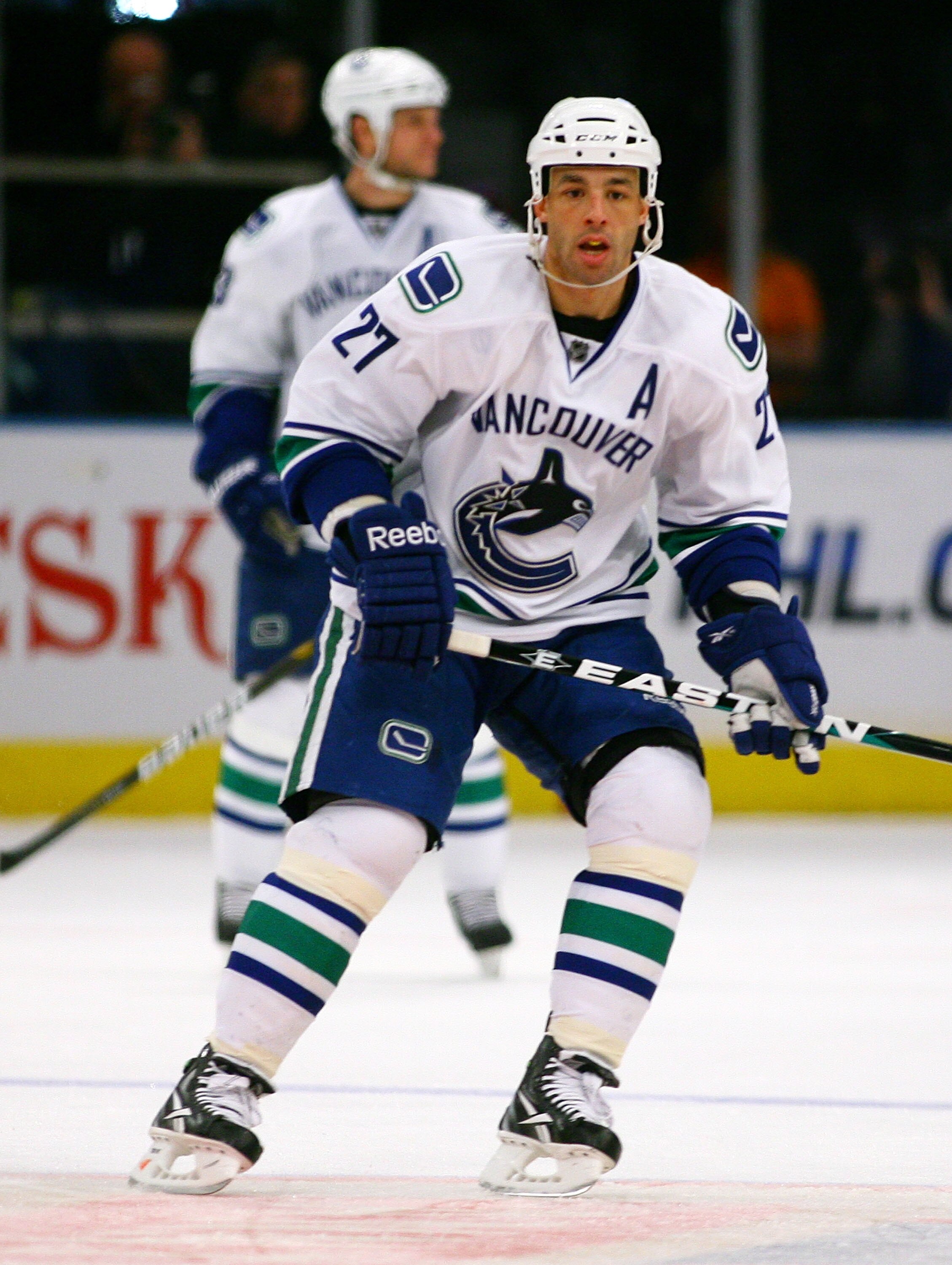 NEW YORK , NY - JANUARY 13: Manny Malhotra #27 of the Vancouver Canucks skates against the New York Rangers during the game at Madison Square Garden on January 13, 2011 in New York City. (Photo by Andy Marlin/Getty Images)