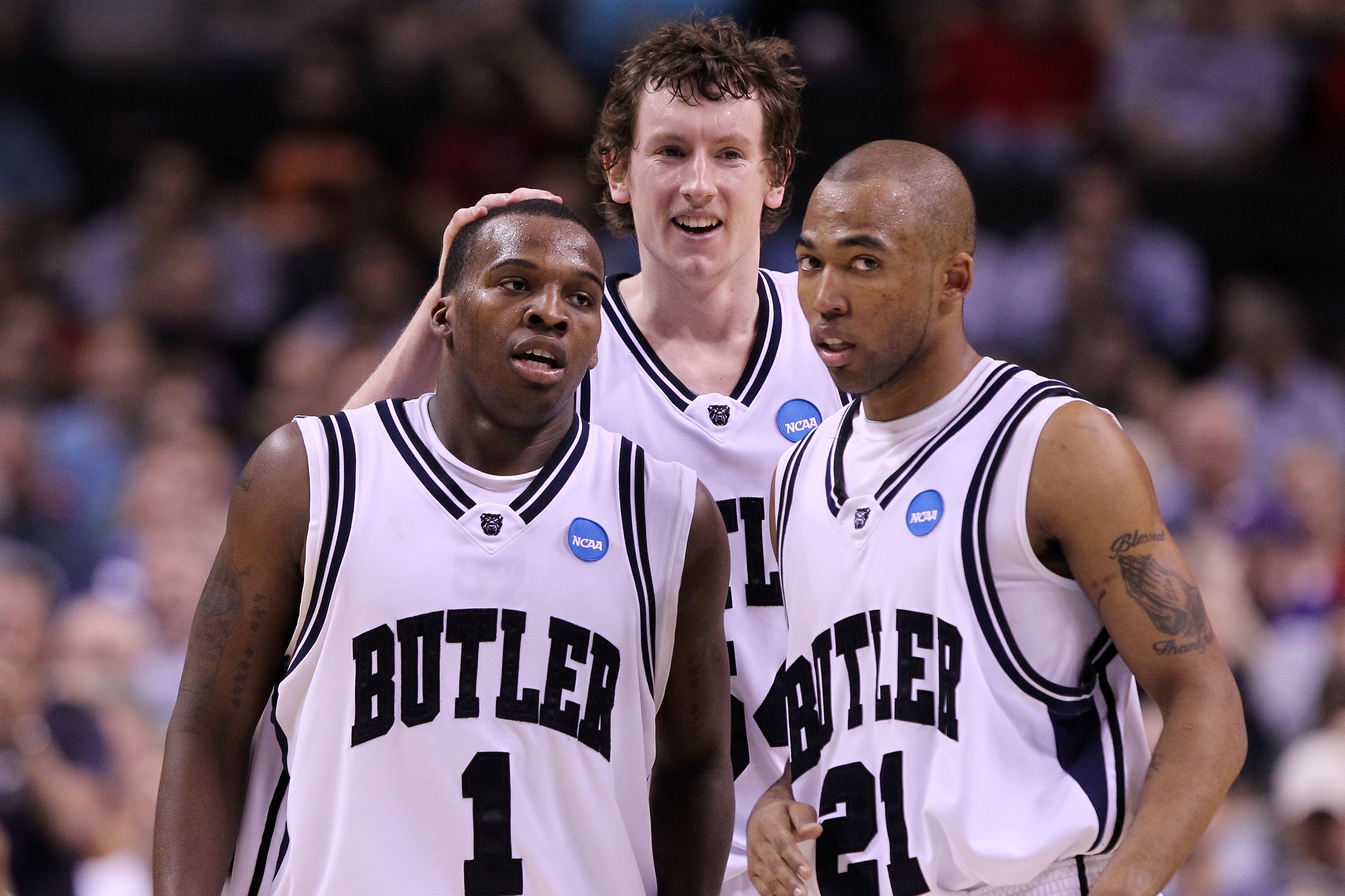 SAN JOSE, CA - MARCH 18:  Shelvin Mack #1, Matt Howard #54 and Willie Veasley #21 of the Butler Bulldogs react after a three point basket by Mack against the UTEP Miners during the first round of the 2010 NCAA men's basketball tournament at HP Pavilion on